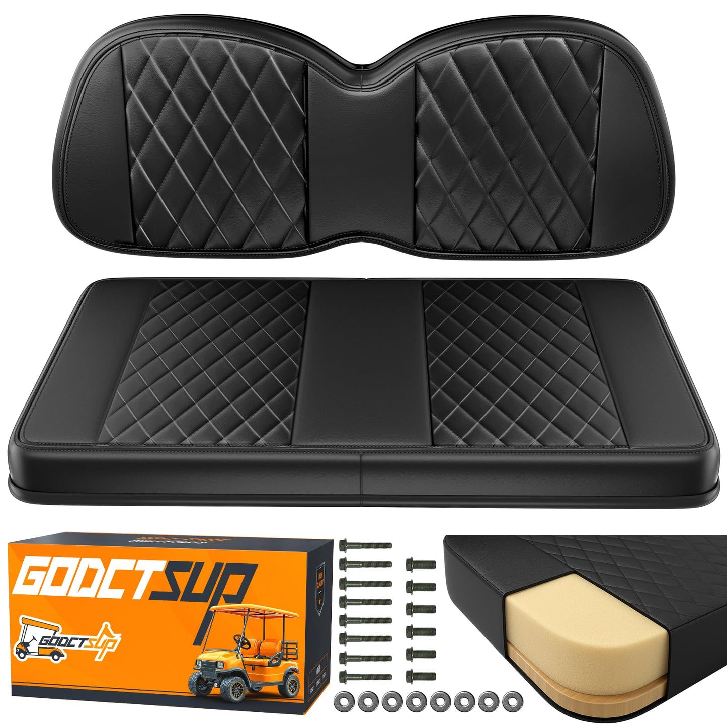 GODCTSUP Upgrade Golf Cart Front Seat Replacement Cushion Assembly Kit for Club Car Precedent 2012-Up, Club Car Seat Cushions- Premium Sponge Soft Seat Cushion and Backrest Set (Without Armrest)