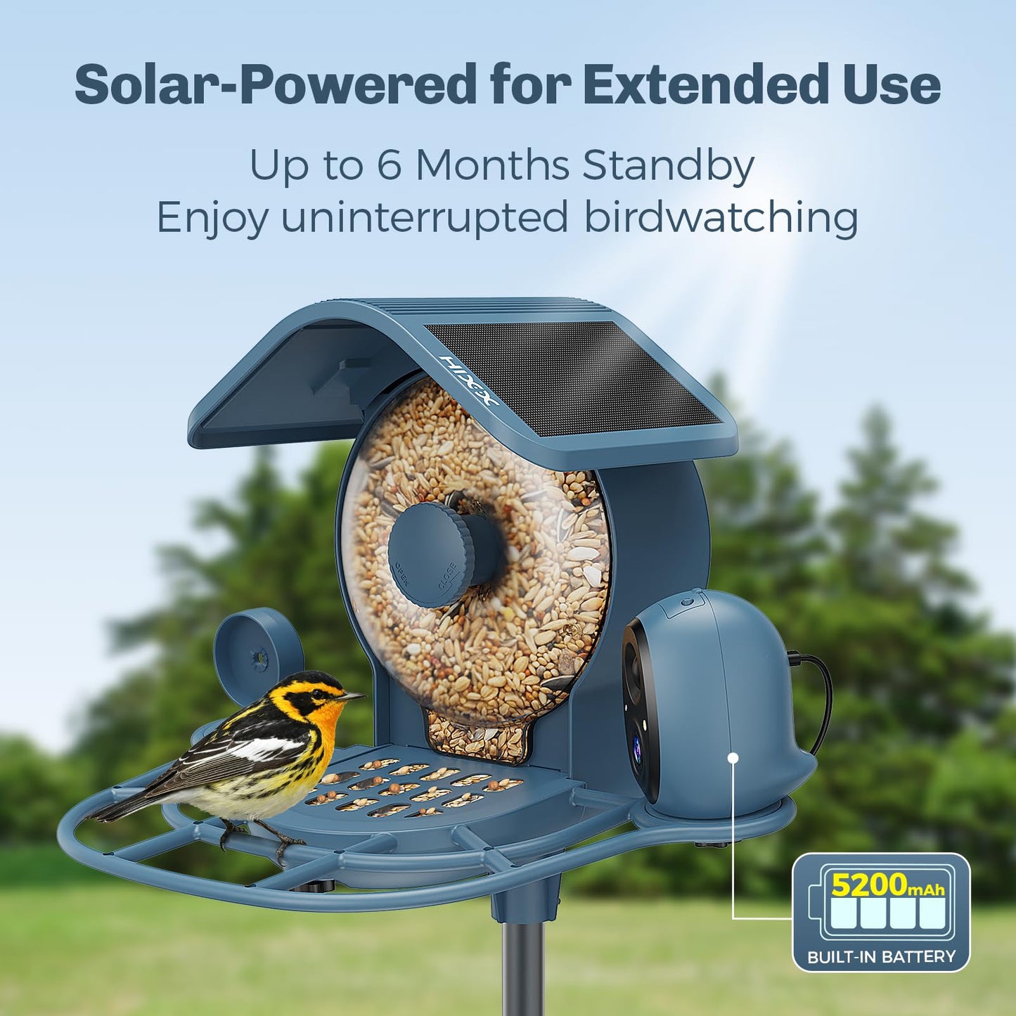 HIXX Smart Bird Feeder with Camera Solar Powered, 2.5K HD Vertical/Horizontal View, Lifetime Free AI Bird Identify, Detachable 1.8L Seed Bin for Easy Cleaning, Wireless Outdoor, Gift for Birding Lover