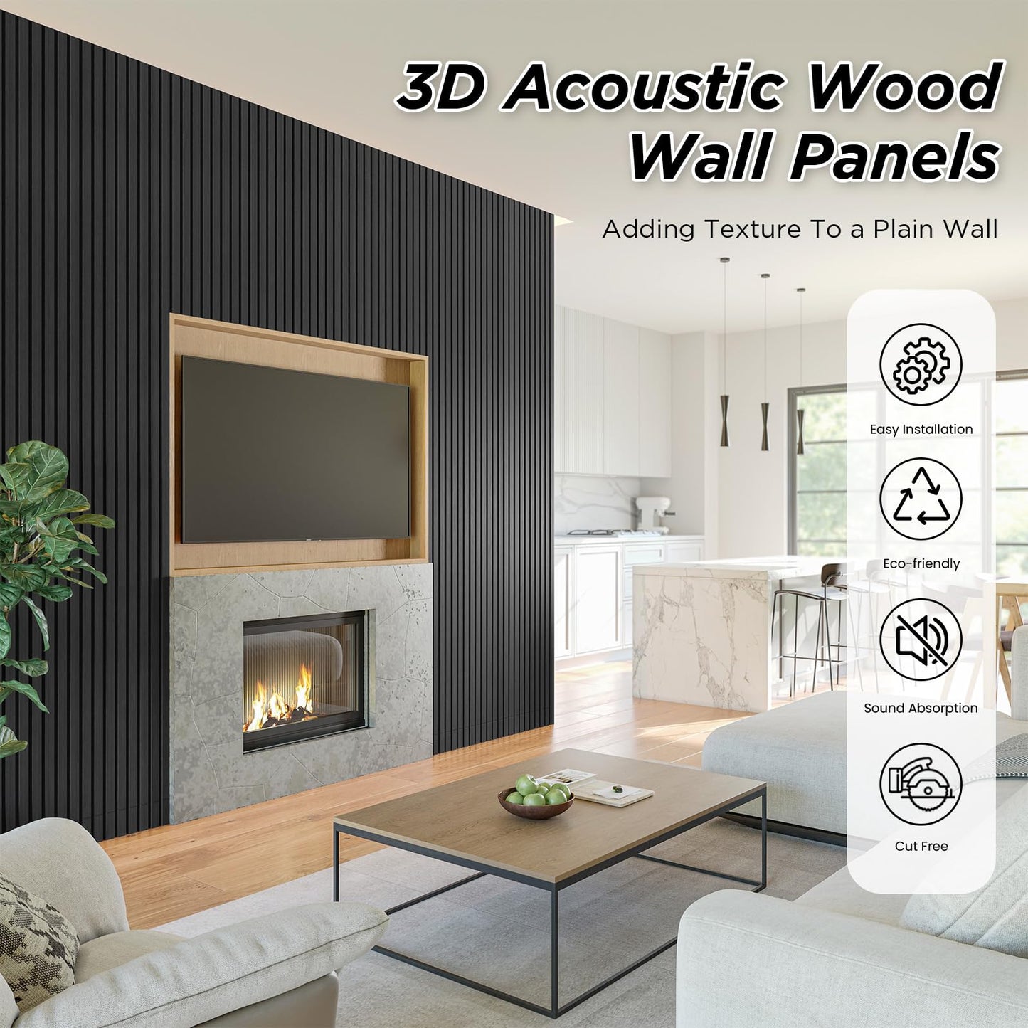 SMARTSTANDARD 2 Pack 105.9" x 20.5" Wood Slat Wall Panels, Soundproof Wooden Wall Panels, 3D Fluted Wood Panels for Interior Wall Decor, Dark Gray