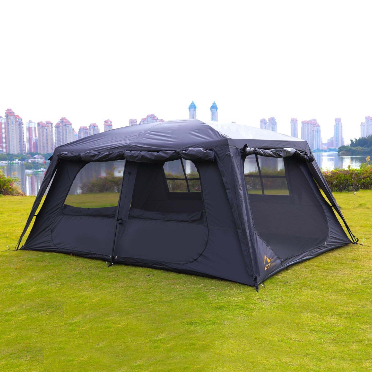 KTT Extra Large Tent 12 Person,Awning Family Cabin Tents,2 Rooms,4 Doors and 4 Windows with Mesh,Straight Wall,Waterproof,Double Layer,Big Tent for Outdoor,Picnic,Camping,Family Gathering(Black)