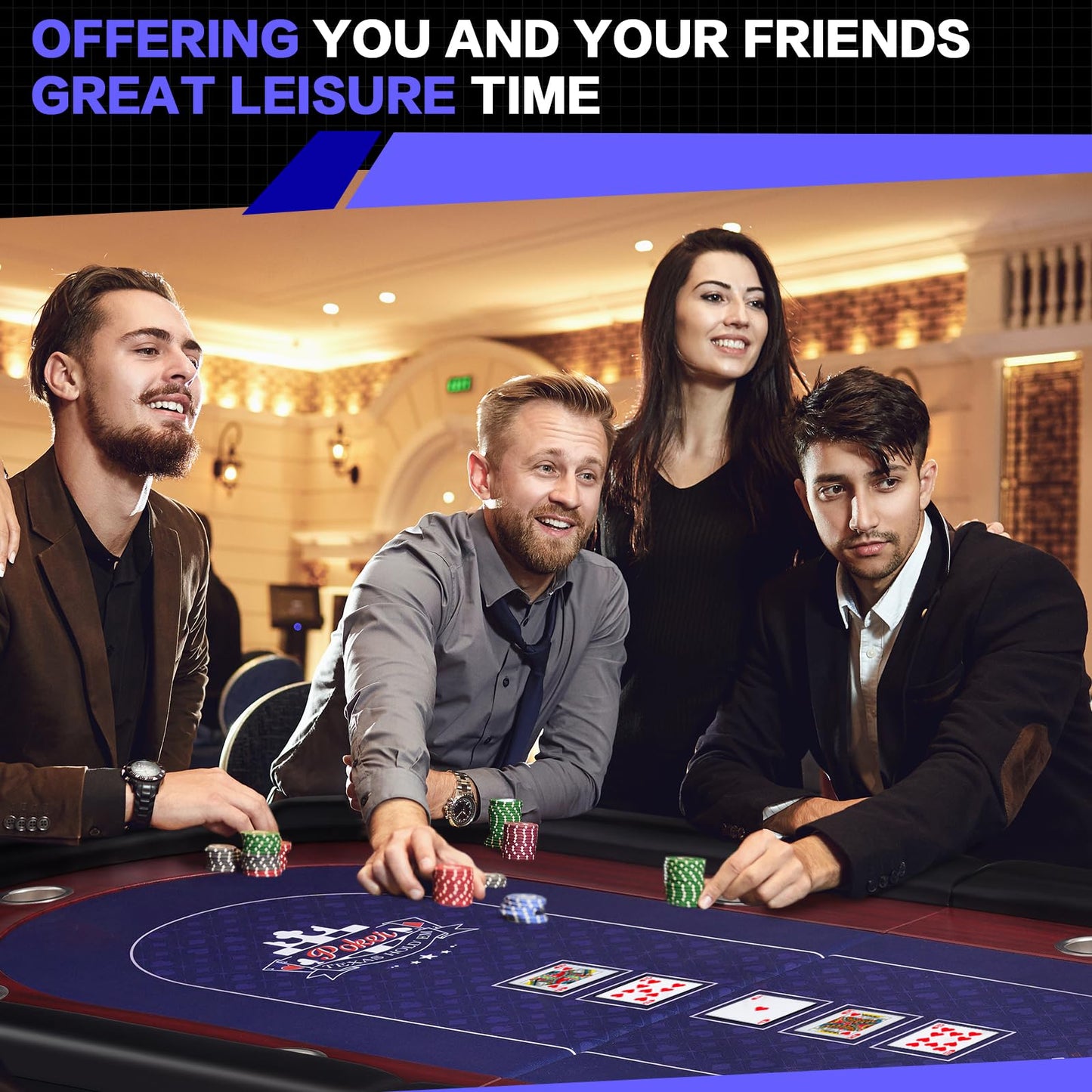 RAYKEEP 86" Large Foldable Poker Table, 10-Player Casino-Style Texas Holdem & Blackjack Game Table with Cup Holders, Padded Rails for Home Game Room, Family Nights, and Parties (Black)