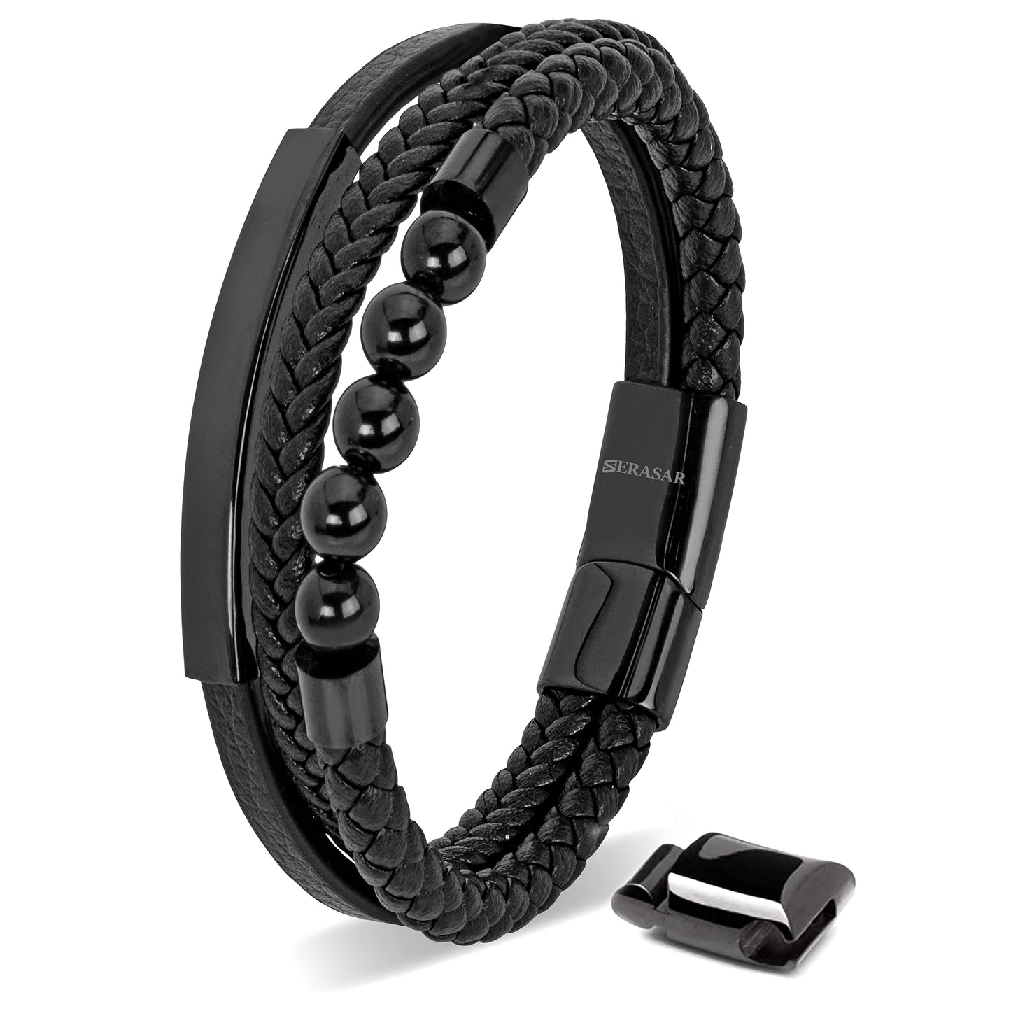 SERASAR Pulsera de Cuero Negro para Hombre, 17cm, Caja Regalo, Real, Piel Vaca, Ajustable, Cierre Magnético, Cuerda Envoltura, Masculino, Pulseras, Banda, Joyas, Imán