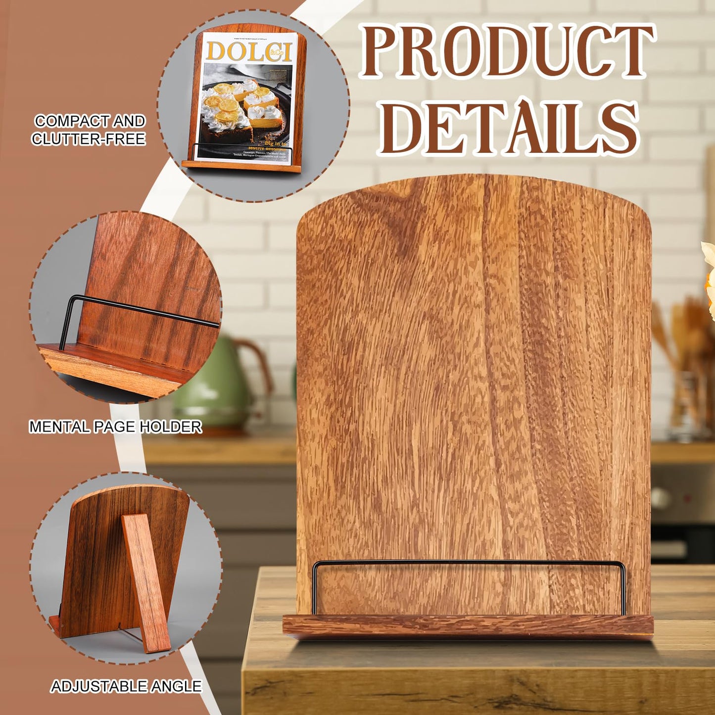 FoldTier Rustic Cookbook Stand for Kitchen Counter Adjustable Recipe Book Holder Wood Tablet Stand Foldable Cookbook Holder Kitchen Decoration for Mother's Day, Wedding, Mother, Grandma, Women Gift