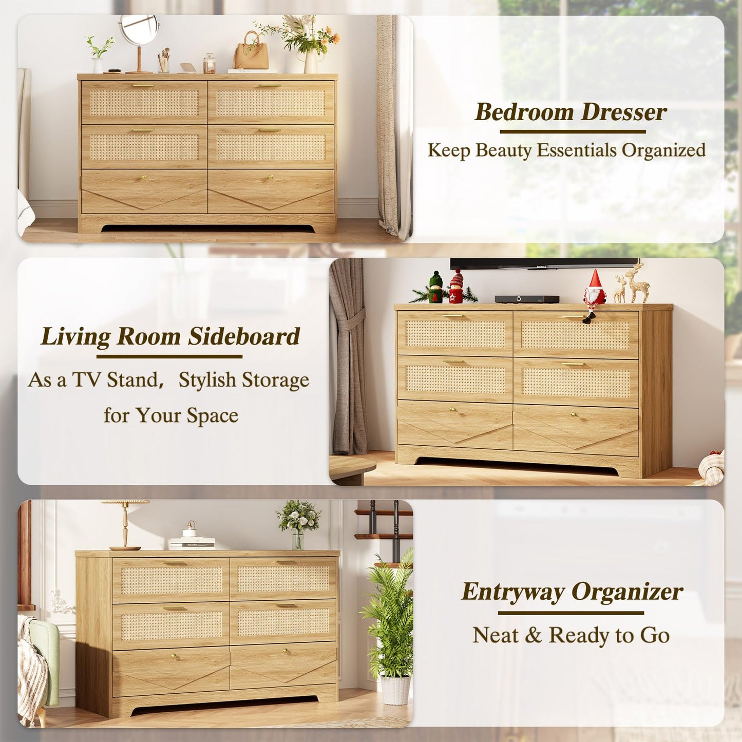 IBF Rattan Dresser for Bedroom, Wood Boho 6 Drawer Dressers, Large Dresser Chest of Drawers for Closet, Wide Clothes Storage Organizer with Deep Drawers for Living Room and Hallway, 51.2 Inch, Oak