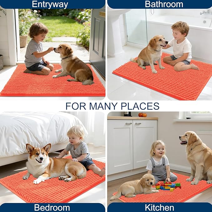 OLANLY Dog Door Mat for Muddy Paws 36x24, Ultra Absorbent Chenille Mud Doormat, Non-Slip Washable and Dirt Trapping Doormat for Indoor Entryway, Quick-Dry Indoor Pet Bed Mats for Dogs, Coral