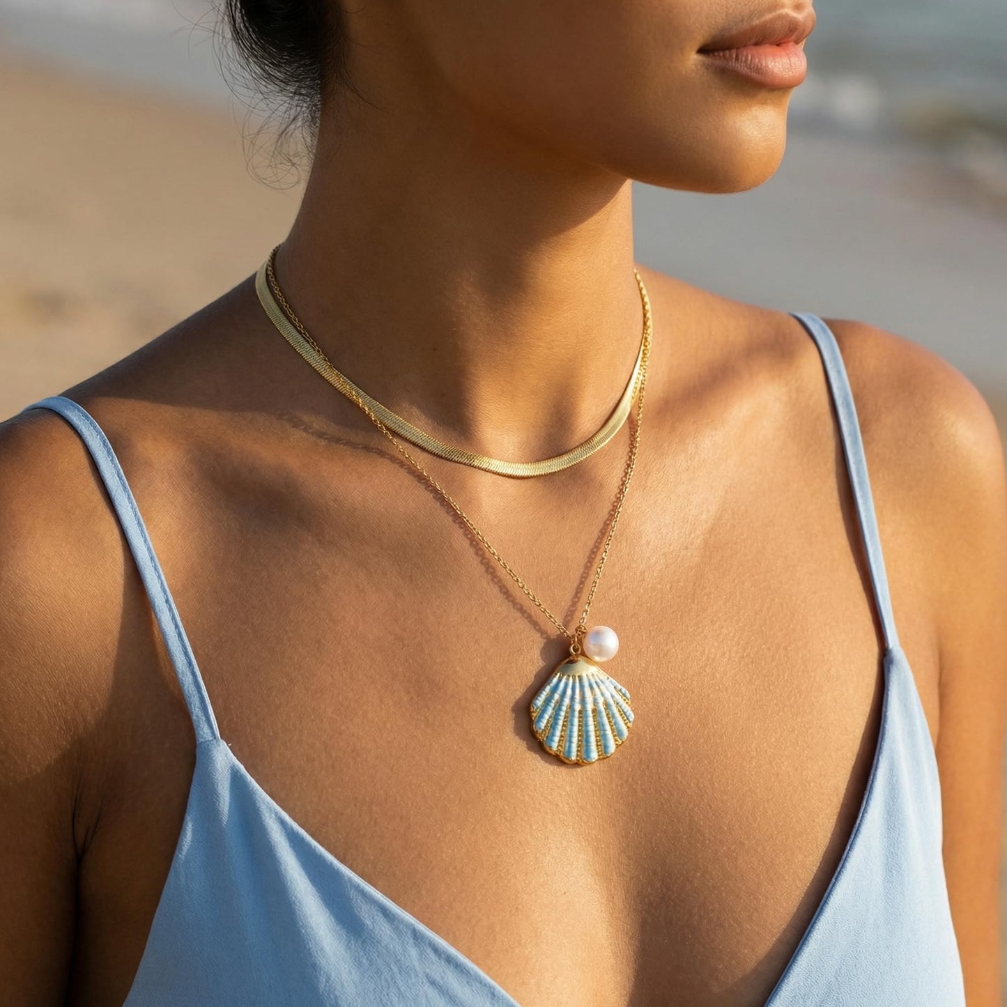 Harlermoon Gold Starfish Necklace for Women - 18K Gold Plated Stainless Steel Ocean Beach Jewelry, Sea Turtle Shell Pearl Pendant, Waterproof Non Tarnish Snake Chain Choker, Summer Vacation Mermaid Gifts (Large Shell Snake Chain)