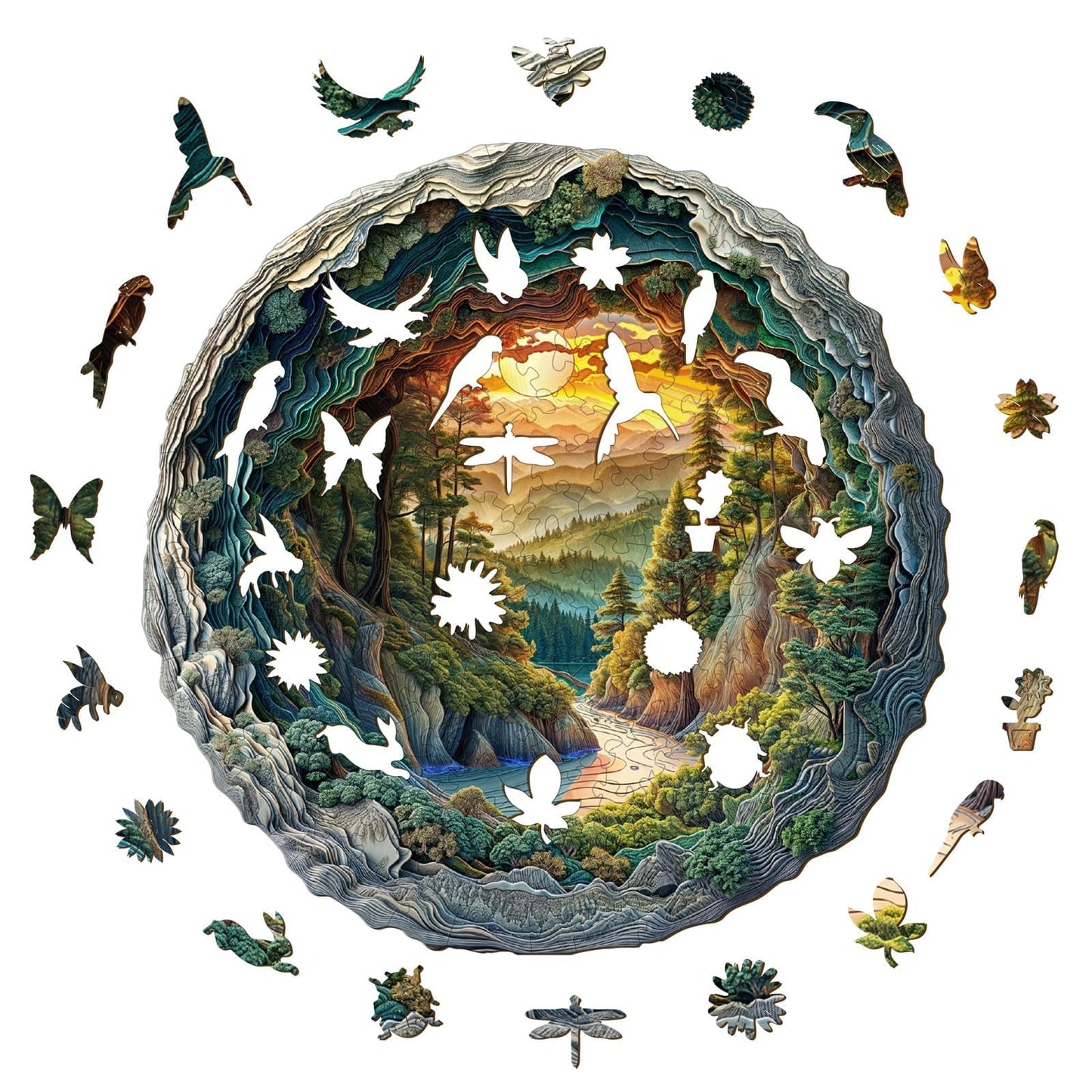 Jollitot Wooden Puzzles, 3D Cave Forest Puzzle 300 Pieces, Unique Animal Shaped Wood Challenging Jigsaw Puzzles Ideal for Adults, Premium Wood Gift Box 13.4x13.3in