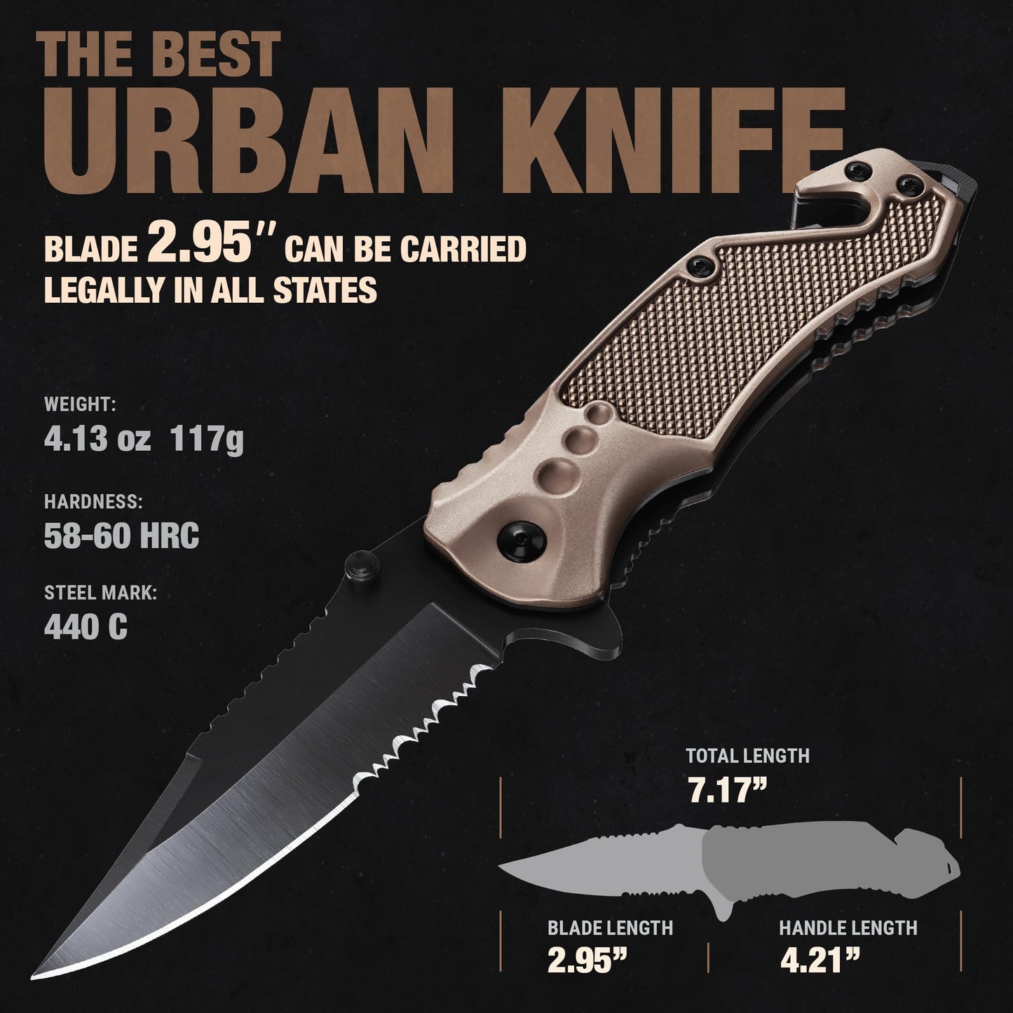 Legal Pocket Knife Coyote Tan - 2.95” Sharp Serrated Edge Blade - Multi Tool with Seatbelt Cutter, Glass Breaker & Clip - Cool Folding Knives for EDC Camping Fishing - Birthday Gifts for Men 6680 T