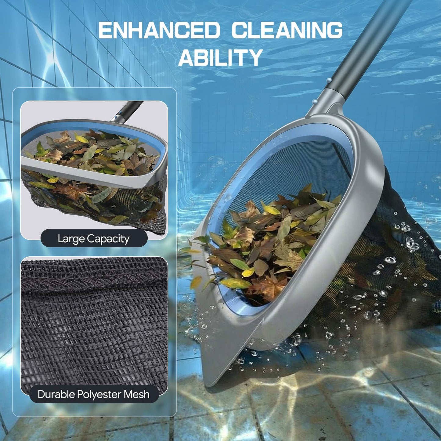 UIRWAY 6-in-1 Deluxe Swimming Pool Cleaning Kit - Includes Detachable Pool Brush, Deep Leaf Skimmer & Fine Mesh Net, Small Brush, Gloves, Adjustable Aluminum Pole Inground & Above Ground Cleaning