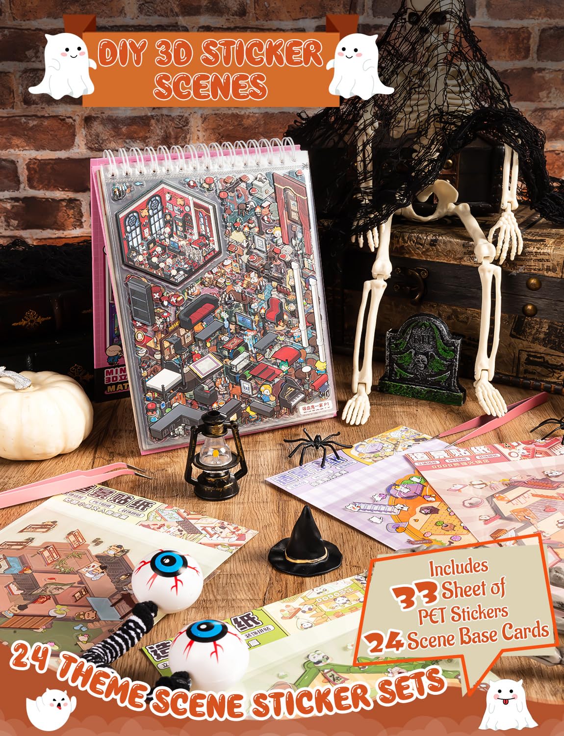 PCTCSHQ 24 Sets DIY 3D Sticker Scene, Sticker Therapy Spooky Collection Book Horror Adventure House Stickers Scene Make Your Own Room Scenes for Adult Kids Relief Stress Pass The Time