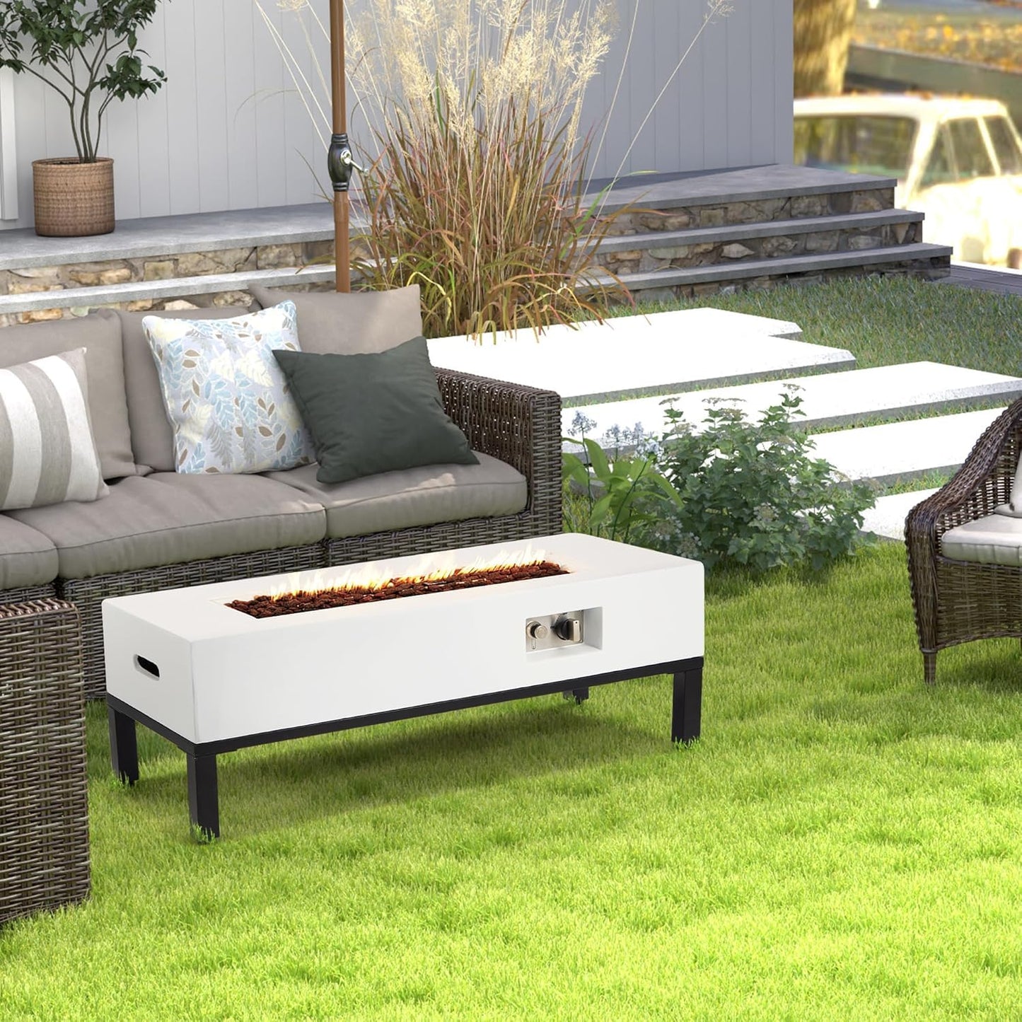 ECOTOUGE Rectangle Gas Fire Pit, 42 ''Outdoor Propane Firepit Table, Concrete Fire Table w/50,000 BTU Auto-Ignition,Shelves, Weather-Resistant Pit Cover, Lava Rocks, No Tank Holder, White