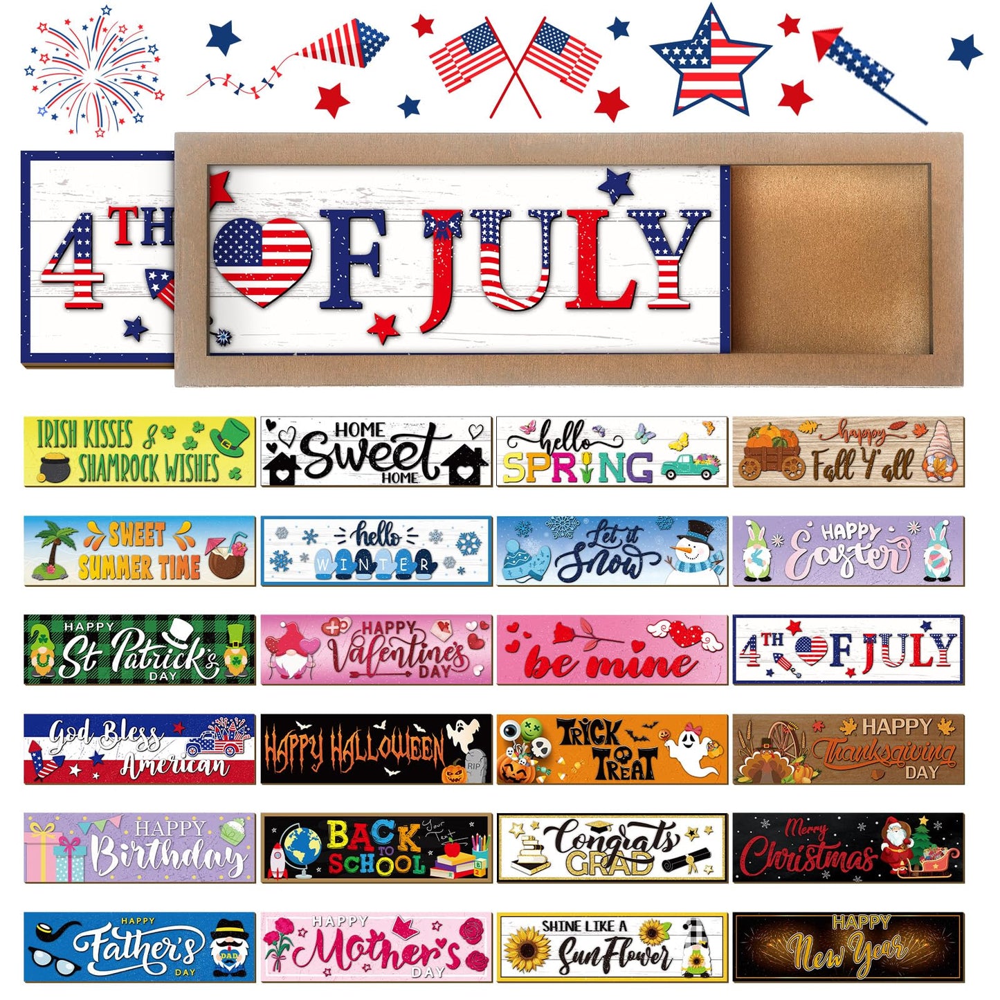 Barydat 25 Pcs Interchangeable Seasonal Decor Interchangeable Welcome Sign with a Wood Frame Seasonal Wooden Welcome Sign Holiday Table Decor for Independence Day Halloween Christmas Decoration