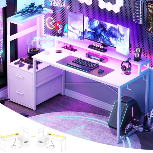 Aheaplus Gaming Desk with LED Strip & Power Outlet, 59Inch Reversible Computer Desk with Monitor Stand & Storage Shelves, Home Office Desks with Fabric File Drawer, Gamer Table PC Desk, White
