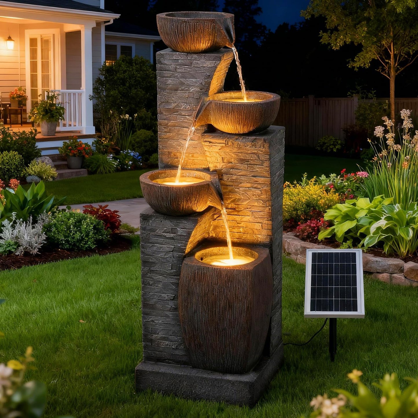 KAISOKU Solar Water Fountain Outdoor Garden, 38.2" Tall Stone Texture Modern Outdoor Fountain with 4 Tiers Cascading Bowls and Pump Solar Panel for Patio, Deck, Porch, Backyard Home Decor
