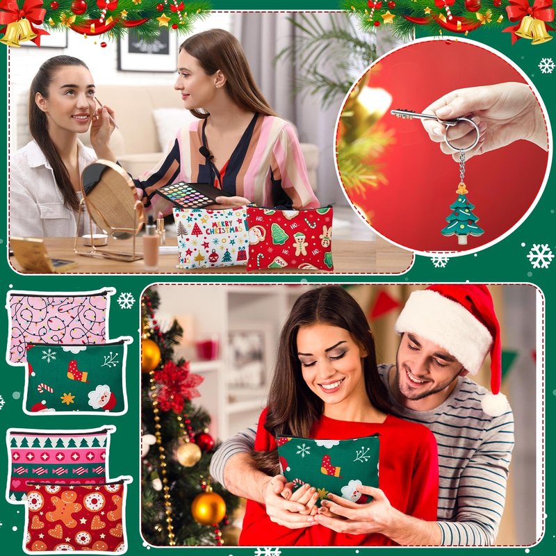 Kacctyen 24 Pcs Christmas Cosmetic Bags and Keychains for Women Makeup Bags with Zipper Santa Snowman Bells Candy Cane Keychain Toiletry Organizer for Christmas Party Favor Xmas Gifts