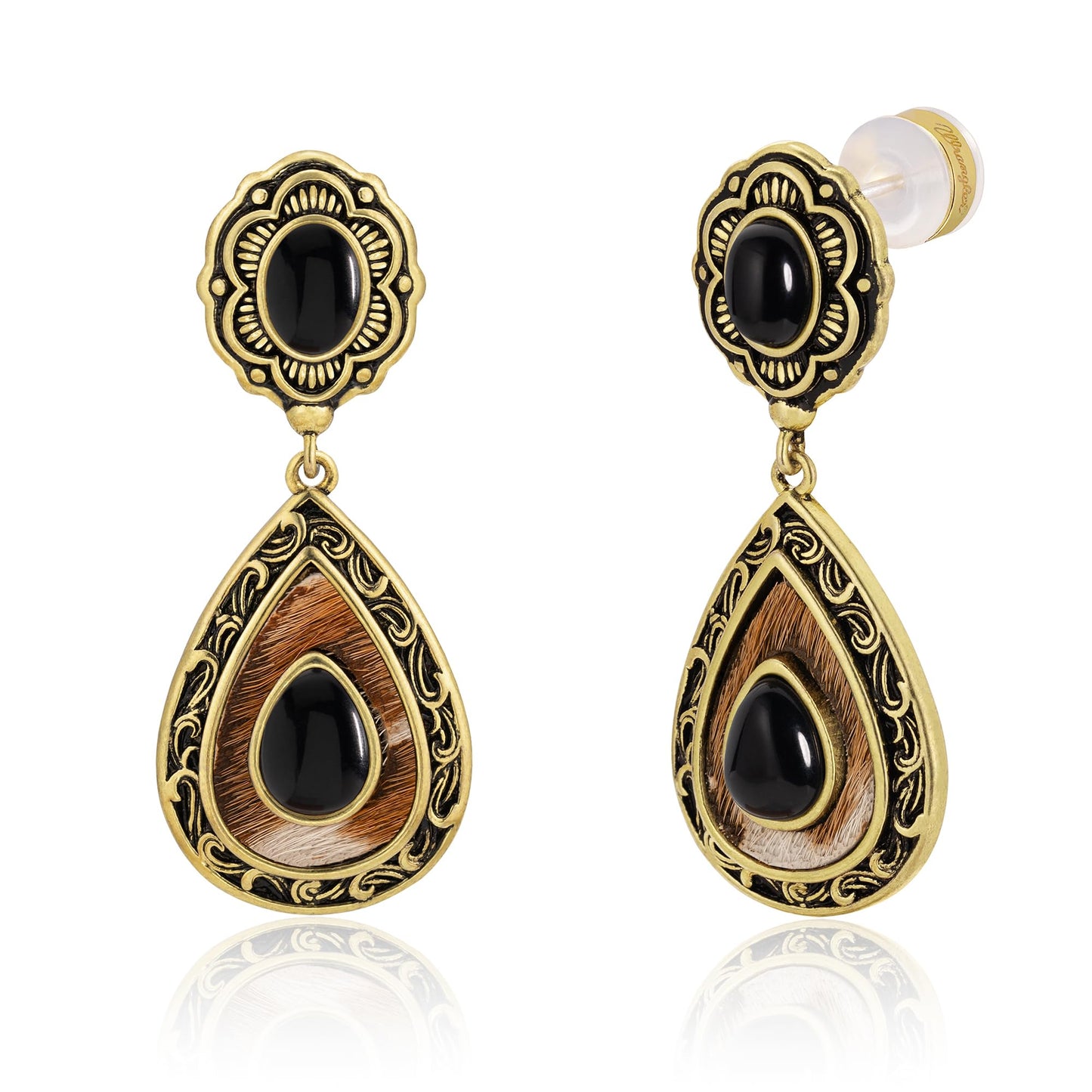 Wrangler Western TearDrop Dangle Earrings for Women Country Statement Genuine Horsehair Turquoise Vintage Cowgirl Cowboy Jewelry (Gold-Black)