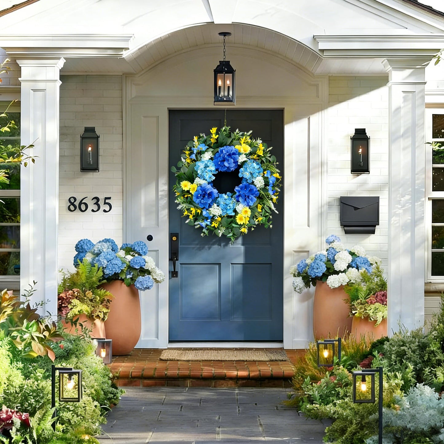 26 Inch Spring Wreaths for Front Door Outside Large Artificial Summer Wreath Silk Hydrangea Wreath with Yellow Daisy and Eucalyptus Leaves Indoor Outdoor Porch Rustic Farmhouse Home Wall Wedding Decor