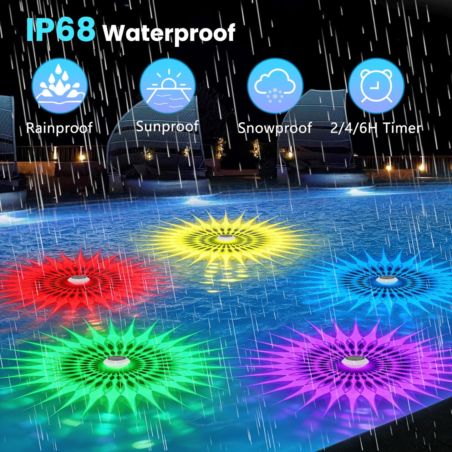2026 Upgrade Solar Pool Chlorine Floater 3 Inch Tablets(2 Pack), 1800mAh Floating Pool Lights with Remote, 42 Lighting, Timer Function, IP68 Waterproof for Inground/Above Ground Pool, Pool Party, SPA