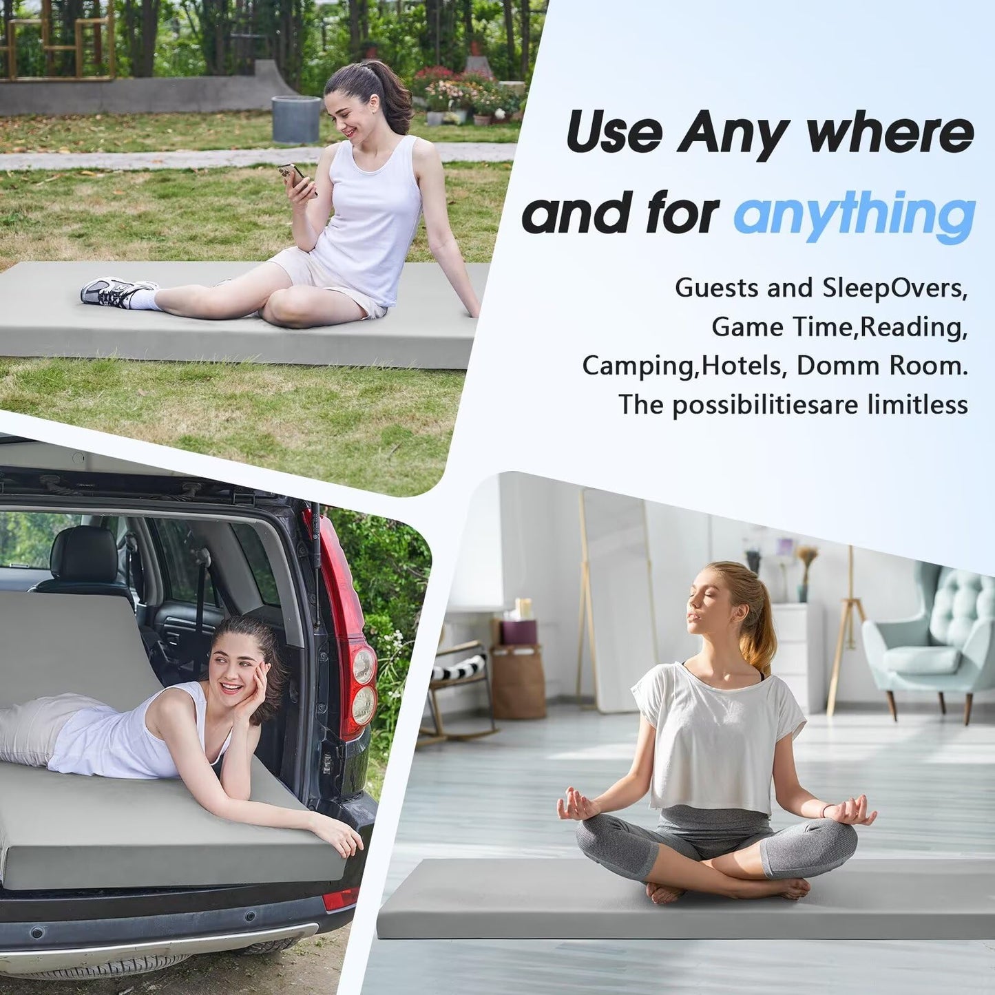 CYMULA Memory Foam Camping Mattress Pad,3 in Sleeping Pad for Camping Non-Slip Bottom Floor Cot Mattress for Adults,Portable Roll up Mattress Pad Mat for Car Travel Guest Bed Tent(Twin XL 80 * 37)