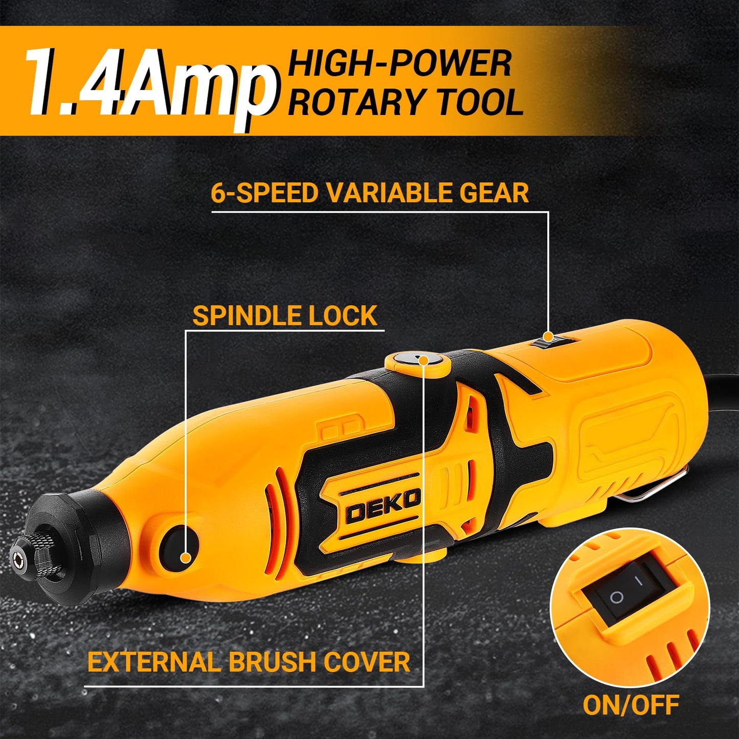 Rotary Tool Kit:DEKOPRO 1.4-Amp Power Hand Rotary Tools with 6 Variable Speed, 127pcs Accessories, 8000~35000RPM Electric Grinder Drill Machine Set with Flex Shaft for Carving, Cutting, Sanding Yellow
