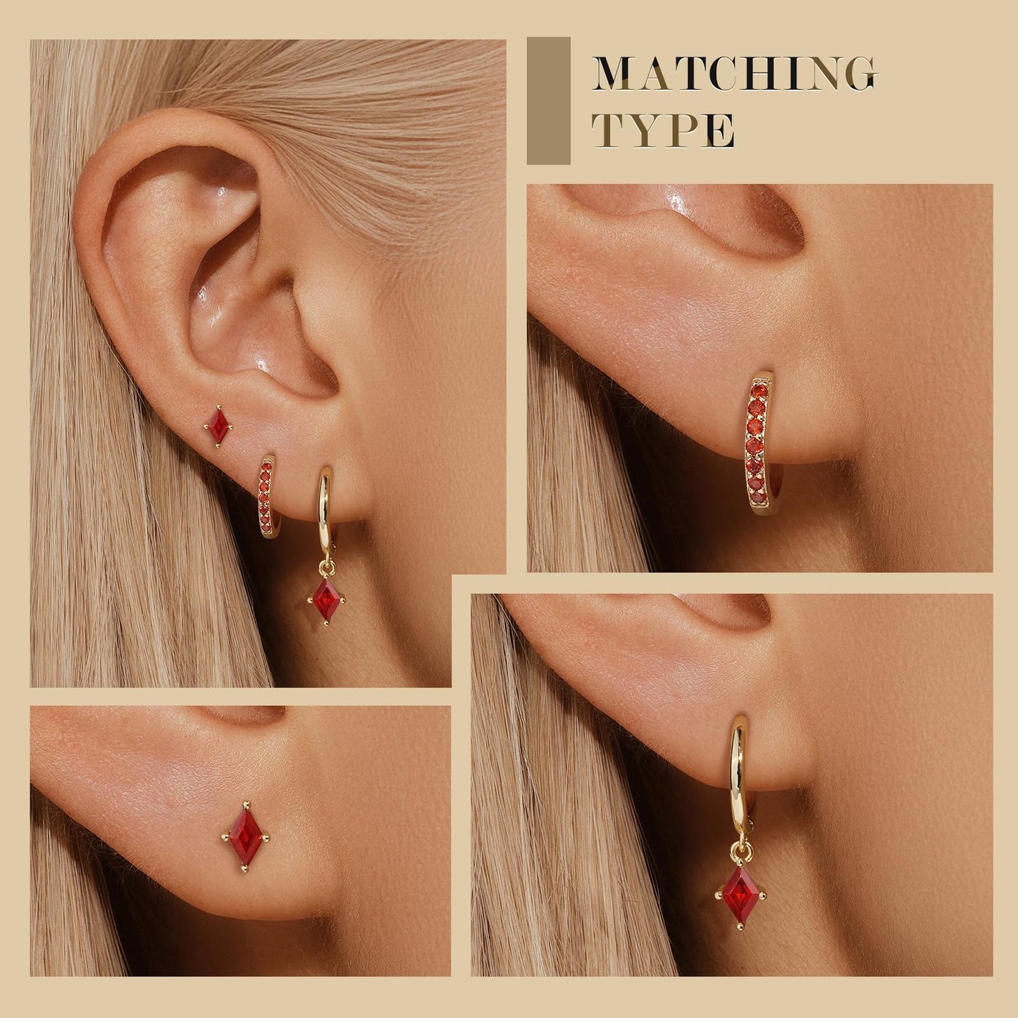 Gold Hoop Earrings Set for Women, Dainty 14K Gold Plated Red Earrings, Hypoallergenic Trendy Small Earring Stacks Multiple Piercing, Huggies Dangle Earring Red Jewelry for Women