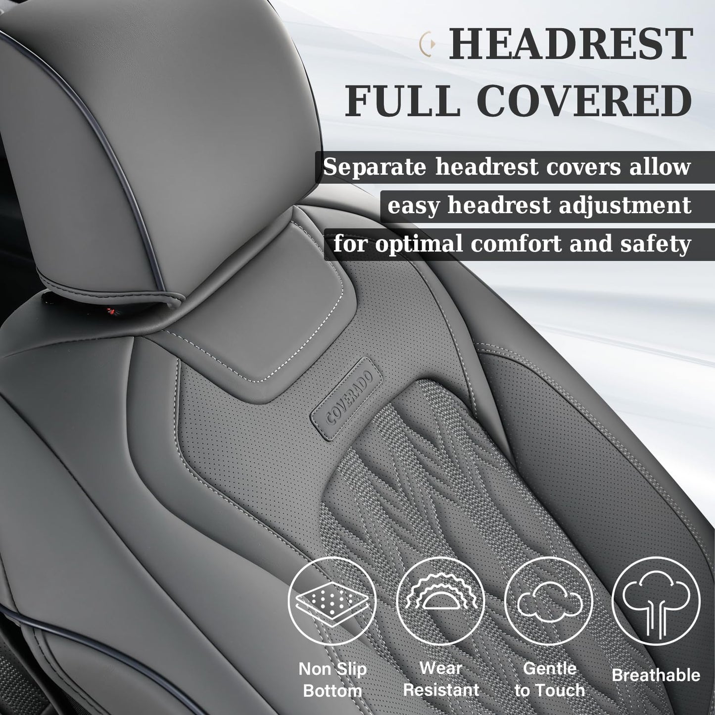 Coverado Car Seat Covers Full Set, Leather Ford F150 Seat Covers Fit for 2015-2025 F150 and 2017-2025 F250 F350 F450 Super Duty Crew Cab XL XLT Lariat King Ranch Platinum (Gray)