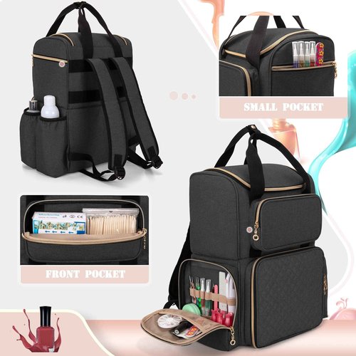 LUXJA Nail Polish Organizer (Backpack Version) Holds 70 Bottles and a Nail Lamp, Travel Nail Bag with 2 Removable Cases and Tools Storage Pockets (Patent Pending), Black