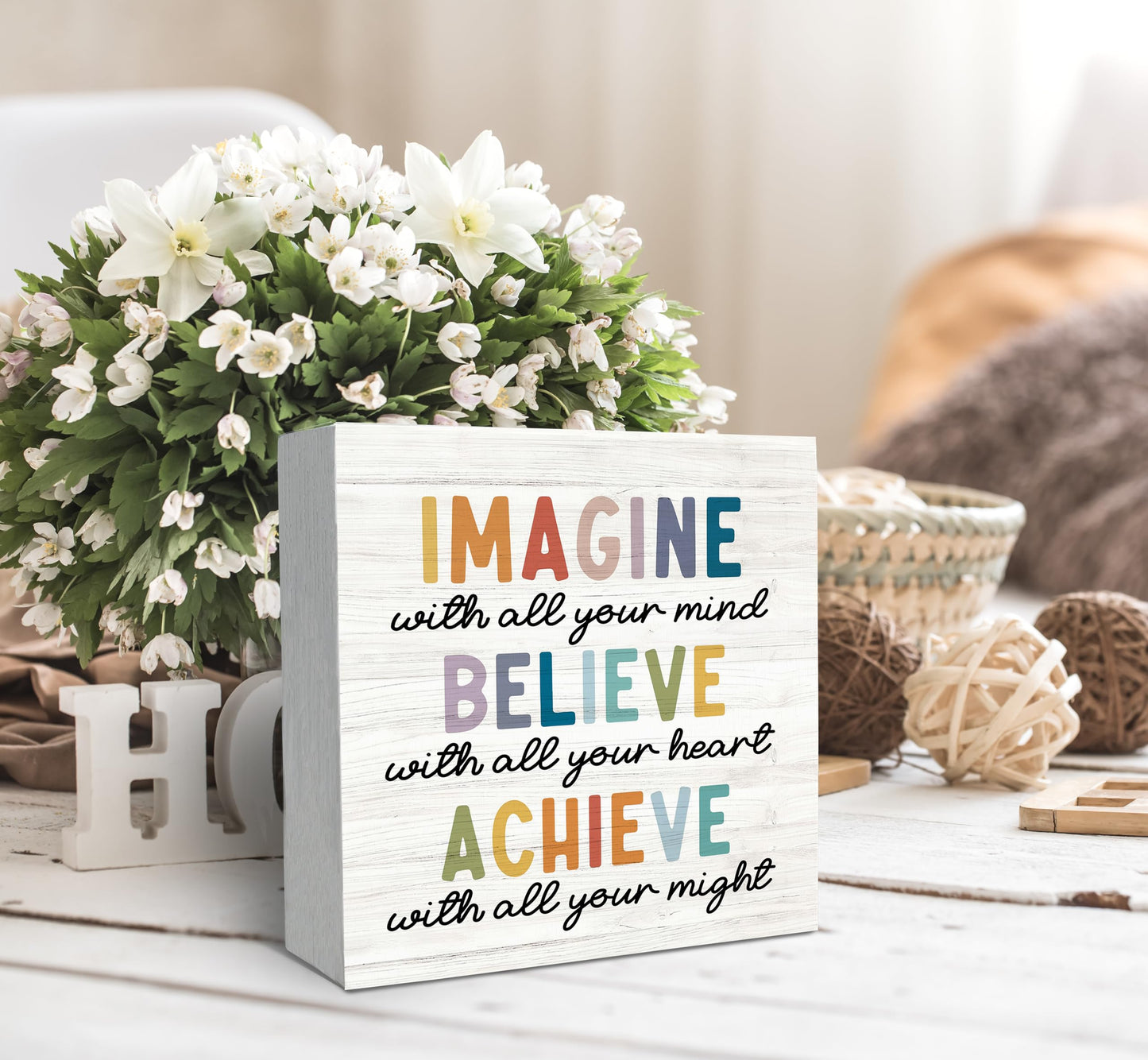 SRADMO Inspirational Wood Box Sign Desk Decor, Imagine Believe Achieve Motivational Theme Wooden Block Box Sign Decoration for Home Office Workplace Desk Shelf Table Decor