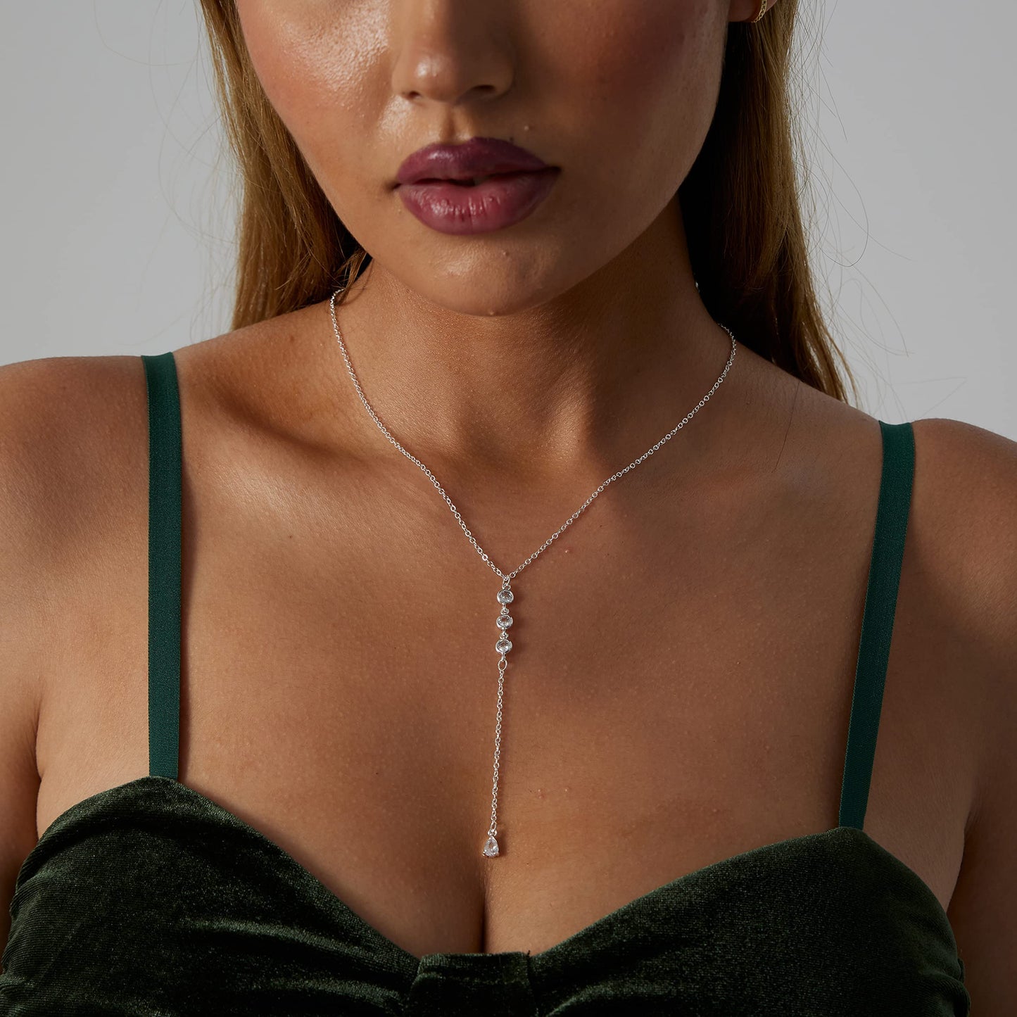Sewyer Silver Y Necklace for Women 14K Gold Plated Y-Shaped Drop Necklaces CZ Long Necklace Cubic Zirconia Pendant Layered Long Lariat Necklace Women Jewelry
