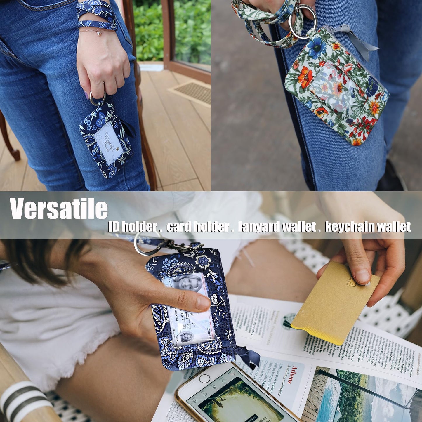 WONDERFUL FLOWER Lanyard Wallet for Women, ID Card Holder, Lanyards for ID Badges, Floral Zip ID Case Keychain Small Coin Purse Cards, Cash, Work, Travel, Cruise, Teachers, Students, Kids, Black White