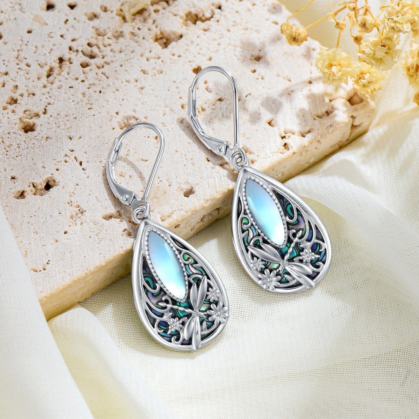 KoyeKei Dragonfly Gifts for Women 925 Sterling Silver Dragonfly Filigree Dangle Drop Earrings Abalone Moonstone Filigree Leverback Earrings Jewelry Gift for Girlfriend Wife Daughter