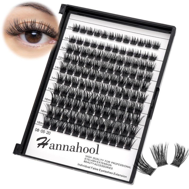 Hannahool10Rows Mixed 10-12-14-16mm /8-10-12-14mm Individual False Eyelashes D Curl Wide Stem Makeup Cluster Eyelashes Natural Volume Eye Lashes Extensions (HD-lashes kit-10-12-14-16MM Mixed)