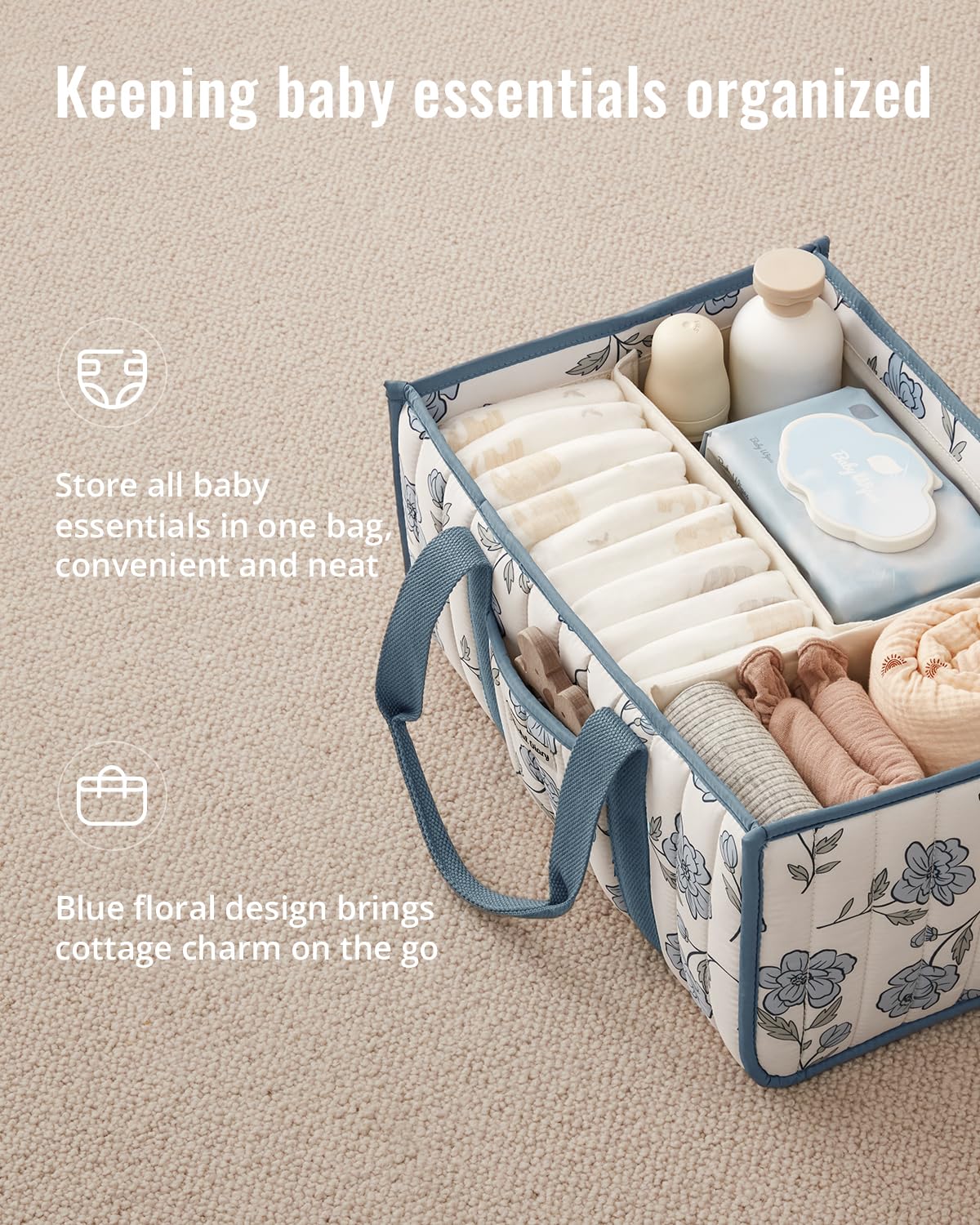 Blissful Diary Floral Diaper Caddy Organizer, Stylish Nursery Storage Basket, Gift for Baby Shower, Newborn Essentials, Peony Blue