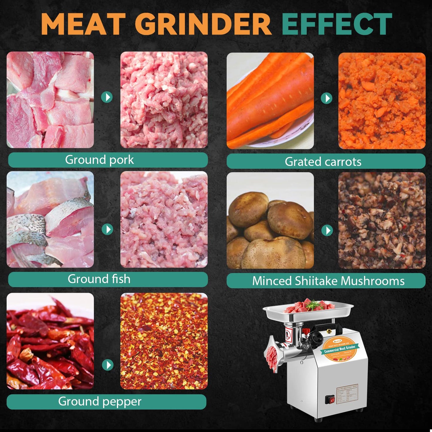 Newhai 1.3HP Commercial Meat Grinder Electric Meat Grinding Machine Heavy Duty Industrial Meat Mincer Sausage Stuffer 3/6/8mm Grinding Plates Grinding Chicken Bones for Restaurant 950W 110V US