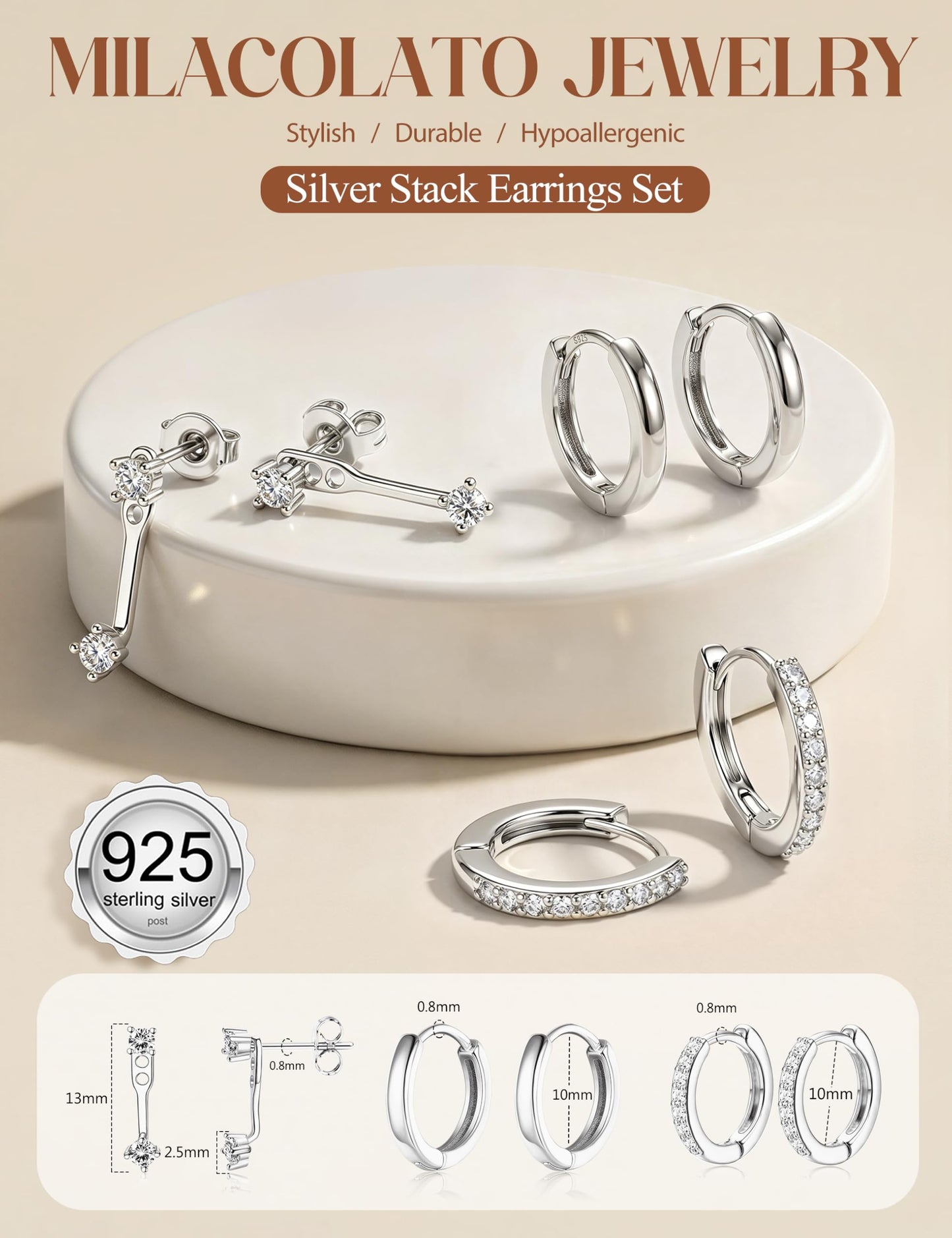 MILACOLATO 925 Sterling Silver Earrings for Women, Sterling Silver Filled Small Huggie Hoop Earrings Sets for Multiple Piercing Hypoallergenic Jewelry, CZ Cartilage Earrings Stacks Trendy Jewelry Gifts, 3 Pairs-D