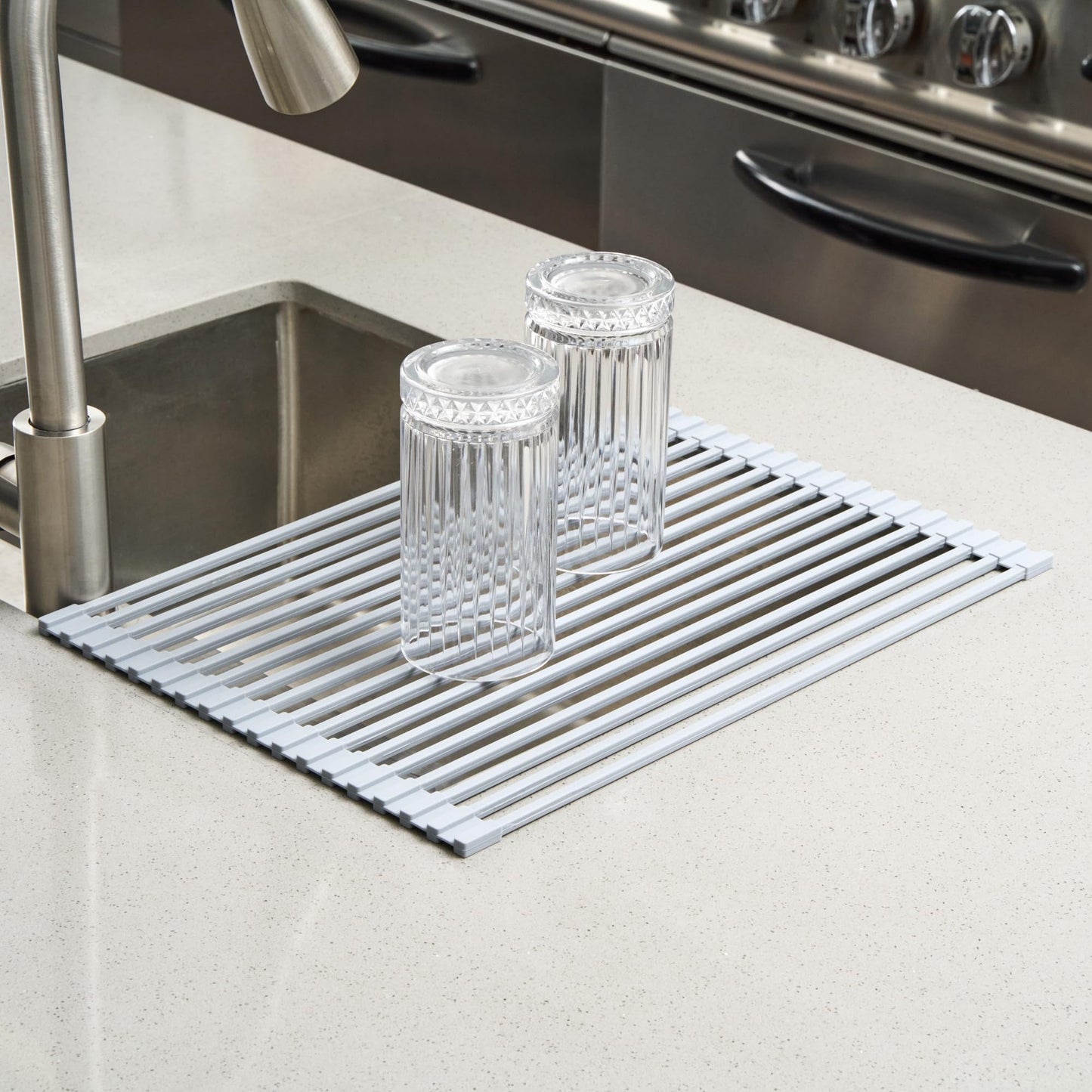 Restaurantware 16.93 x 12.99 Inches Stainless Steel Drying Rack - 12 Count - Clean Tek Professional Dish Drainer, Roll-Up, Non-Slip - Space-Saving Over-The-Sink Rack - Silicone Coated Gray