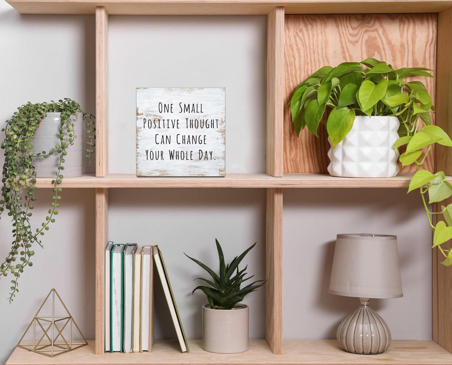 One Small Positive Thought Wooden Box Sign Decorative Funny Office Home Farmhouse Rusitc Wood Box Sign (5 X 5 Inch), Desk Shelf Tabletop Decor, Office Gift for Friend Coworker Employee(MQ-3-20)