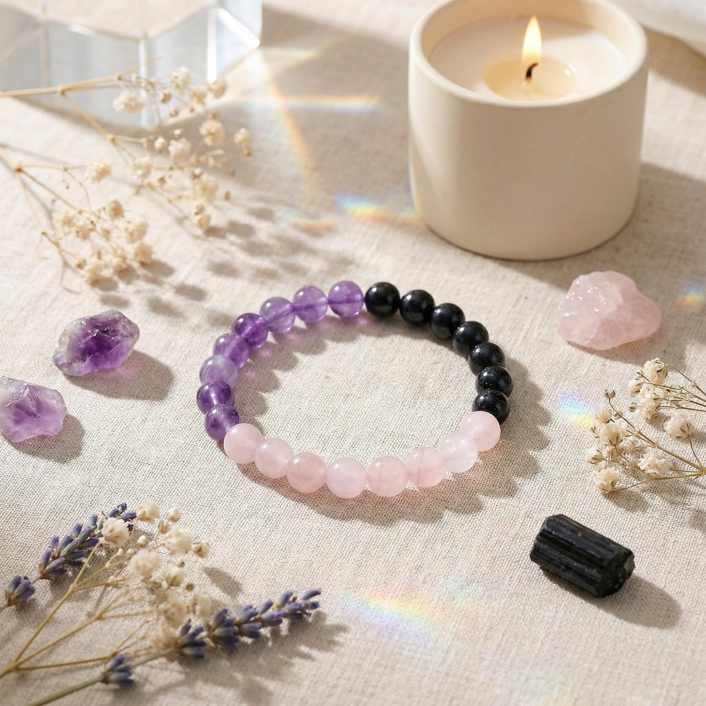 Bivei Anxiety Relief Bracelet, Strength Crystal Healing Bracelet 8MM with Amethyst & Rose Quartz & Black Tourmaline - Spiritual Stretch Beaded Jewelry for Women Men Gift
