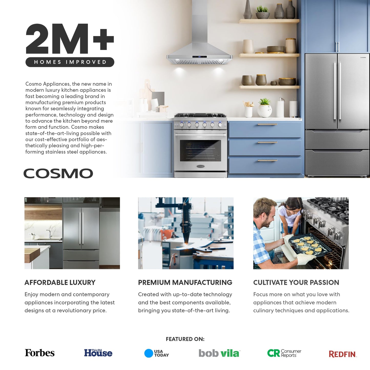 COSMO COS-668A900 36 in. Vista Collection 380 CFM Ducted Wall Mount Range Hood, Button Controls, LED Lights, Stainless Steel