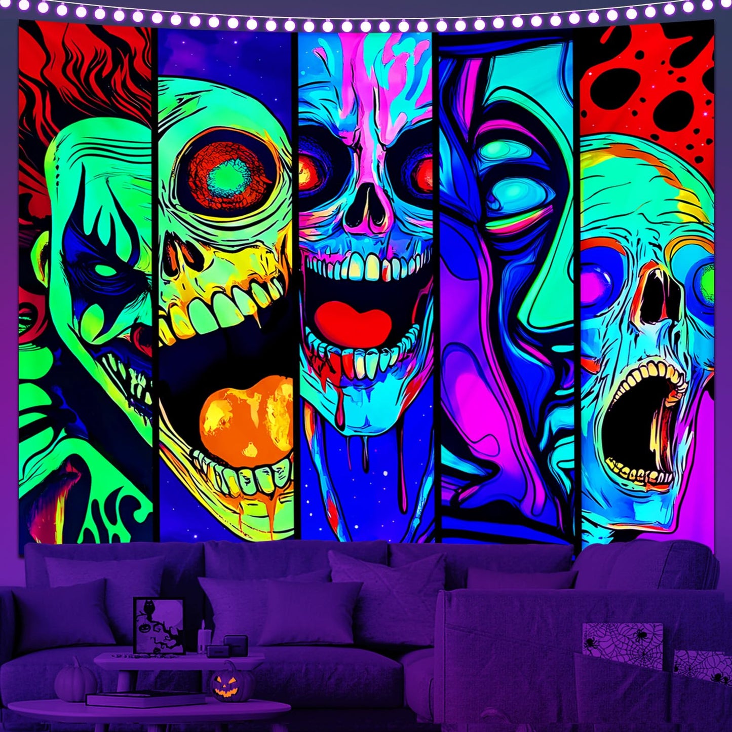 Apdidl Blacklight Halloween Horror Decor Tapestry for Bedroom, Black Light Posters Skull Face Scary Skeleton Funny Wall Art Tapestries，UV Reactive Glow in The Dark Party Wall Hanging for Living Room 51"X60"
