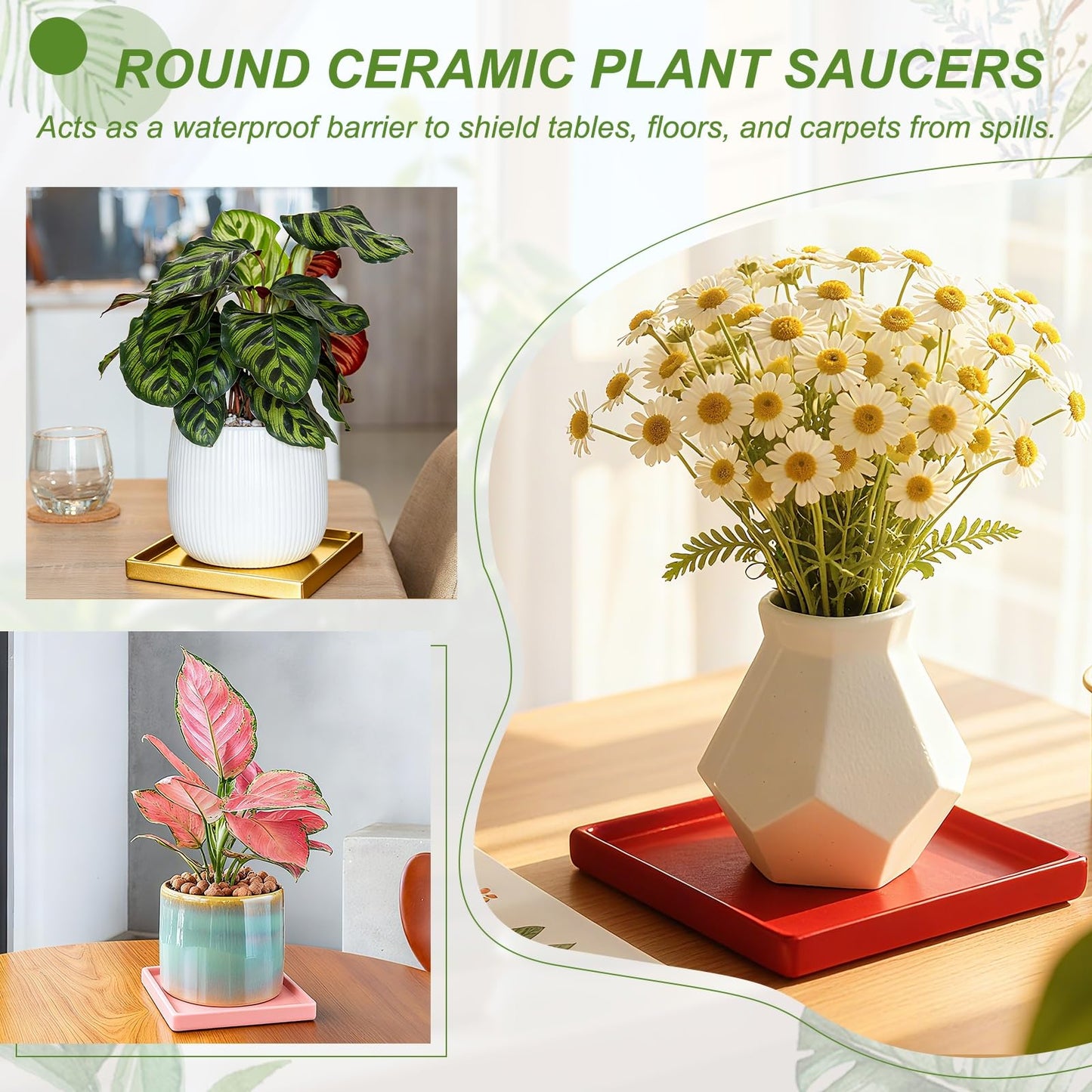 YELARXI 7.5 Inch Ceramic Plant Saucers, Square Flower Planter Water Trays Ceramic Plant Saucer Pot Tray -Fitting for (Outdoor/Indoors/Garden/Planting/Water/Flower/Coffee) Forest Green