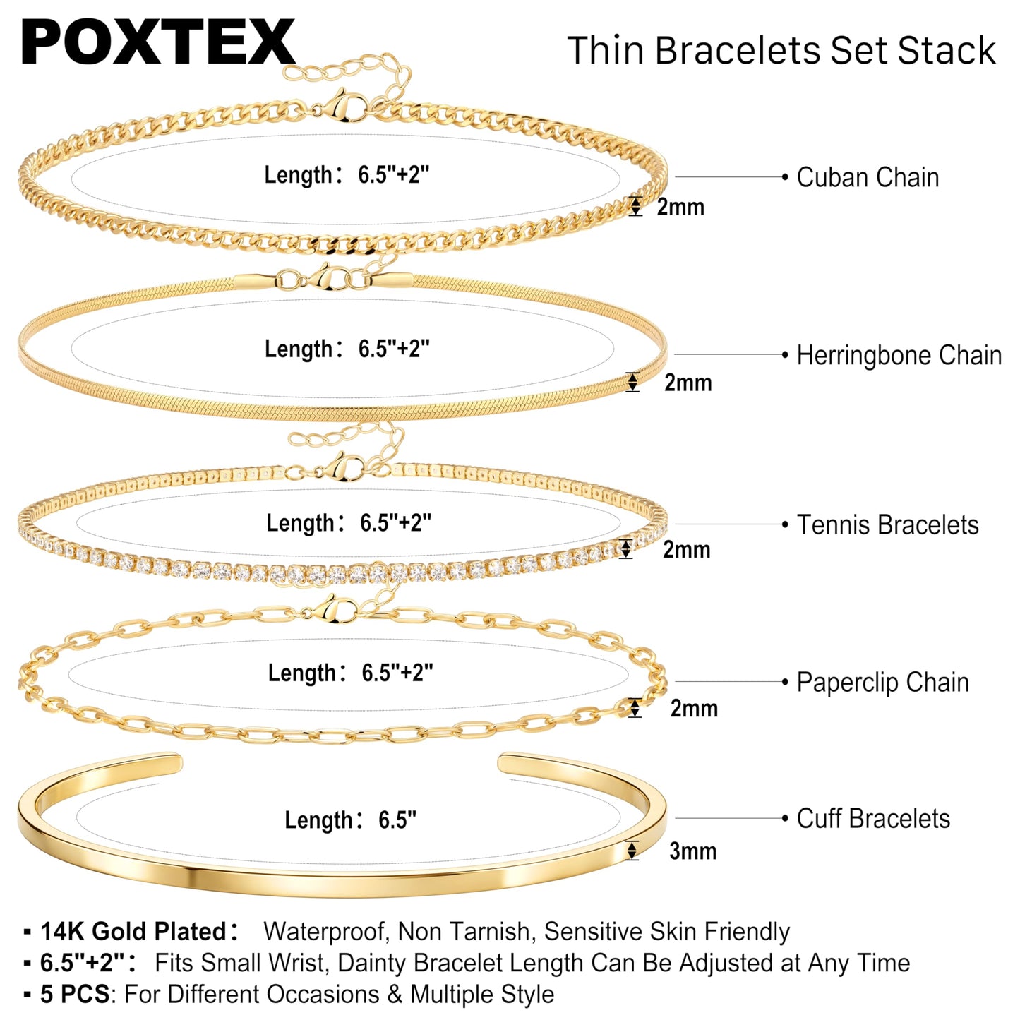 Gold Bracelets for Women 14K Gold Plated 5Pcs Dainty Bracelet Set - Waterproof Tarnish Free Stainless Steel Jewelry - Quiet Luxury Stackable Paperclip Herringbone Cuban Tennis Cuff Chain Gifts