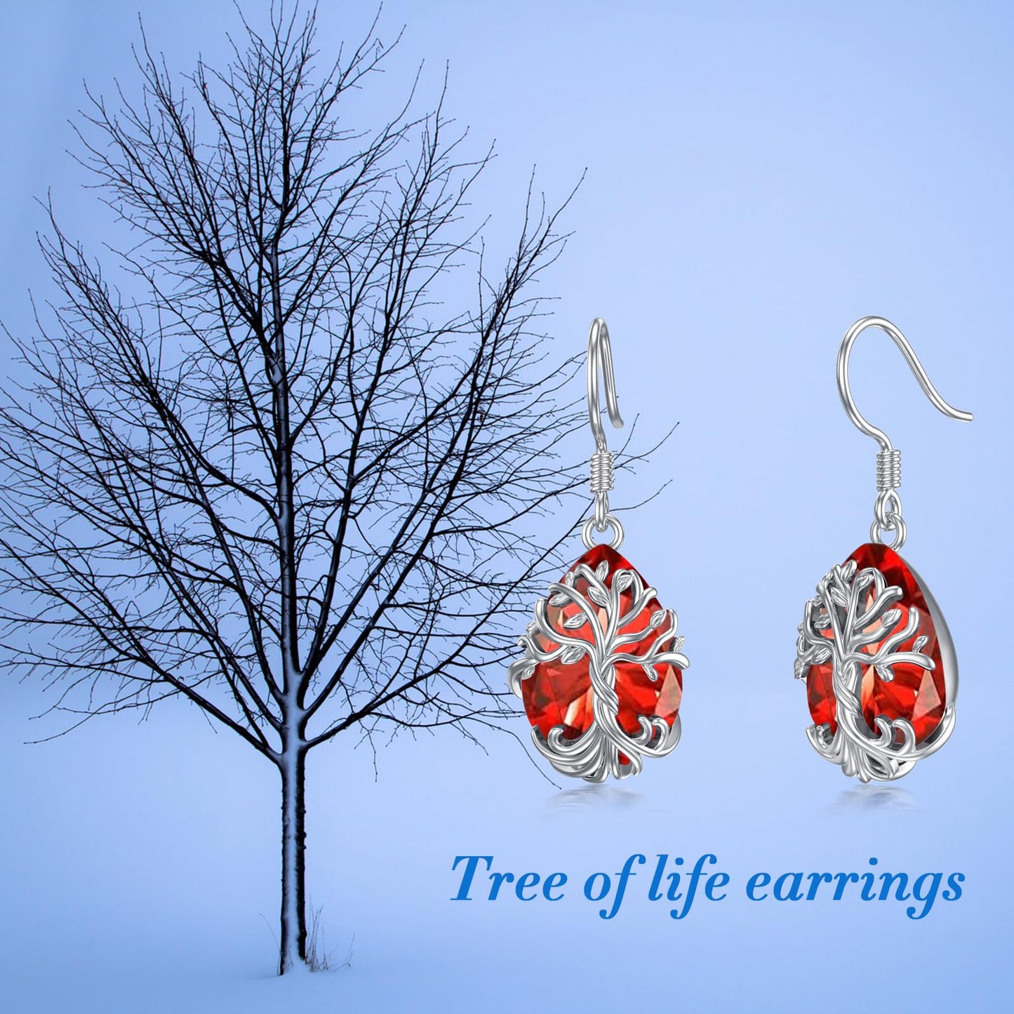 TOUPOP Ruby July Birthstone Earrings Sterling Silver Teardrop Tree of Life Earrings Family Tree Ruby Jewelry Birthday Mothers Day Gifts for Women Mom Her