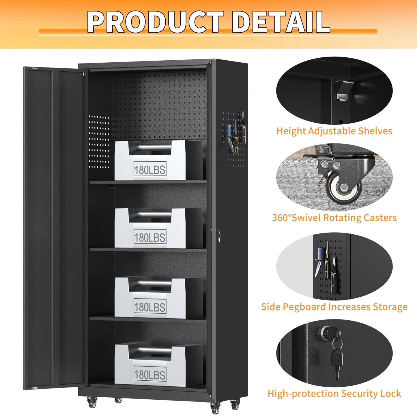 Metal Garage Storage Cabinet with Wheels, 71"H Tool Storage Cabinet with Doors and Adjustable Shelves, Locking Garage Cabinets and Storage System for Utility Home, Warehouse, Workshop, Basement