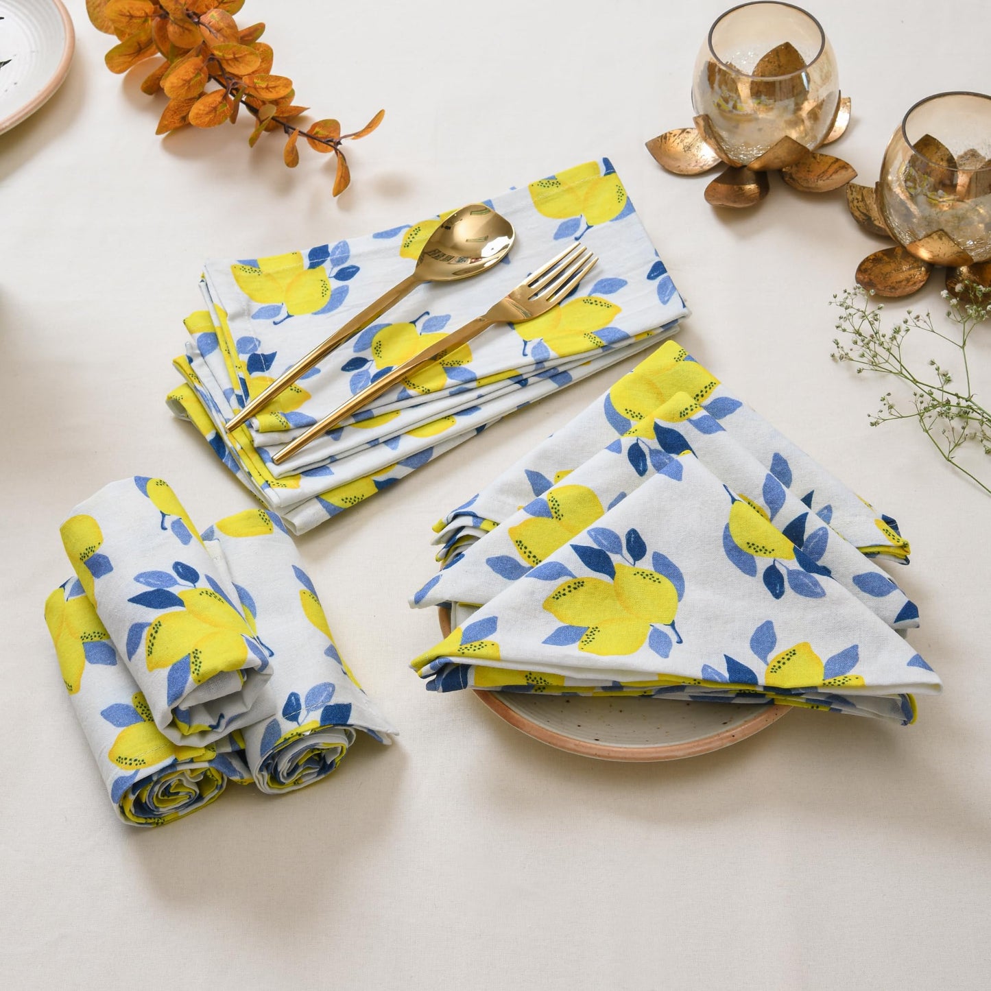 TARAN LIVING Printed Cotton Cloth Napkins Fall Dinner Napkin Set Reusable Machine Washable Fabric for Gifting, House Party Events, Home Decor, Craft - 18"x18" - Set of 4 - Lemon Print