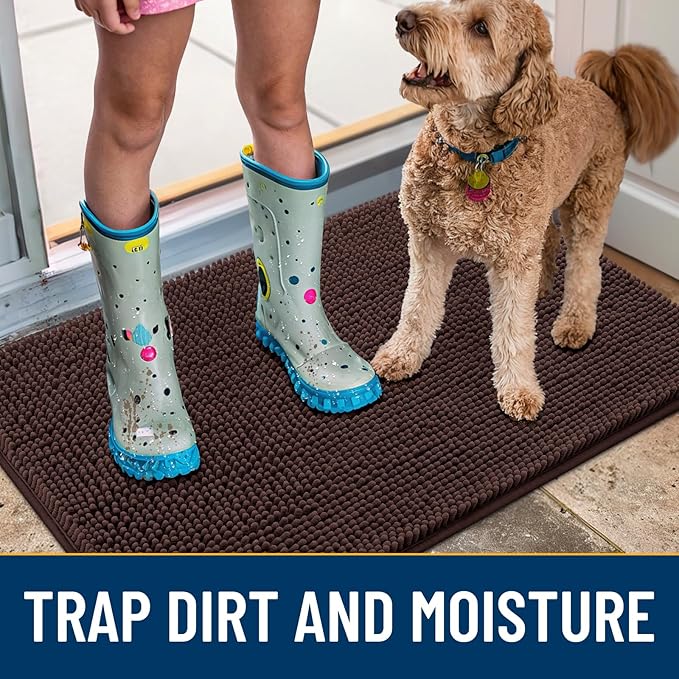 Smiry Dog Door Mat for Muddy Paws 34x21, Absorbs Moisture and Dirt Doormat, Non-Slip Washable Quick Dry Chenille Front Door Mat Indoor Entrance, Entryway Carpet for Inside Floor, Brown