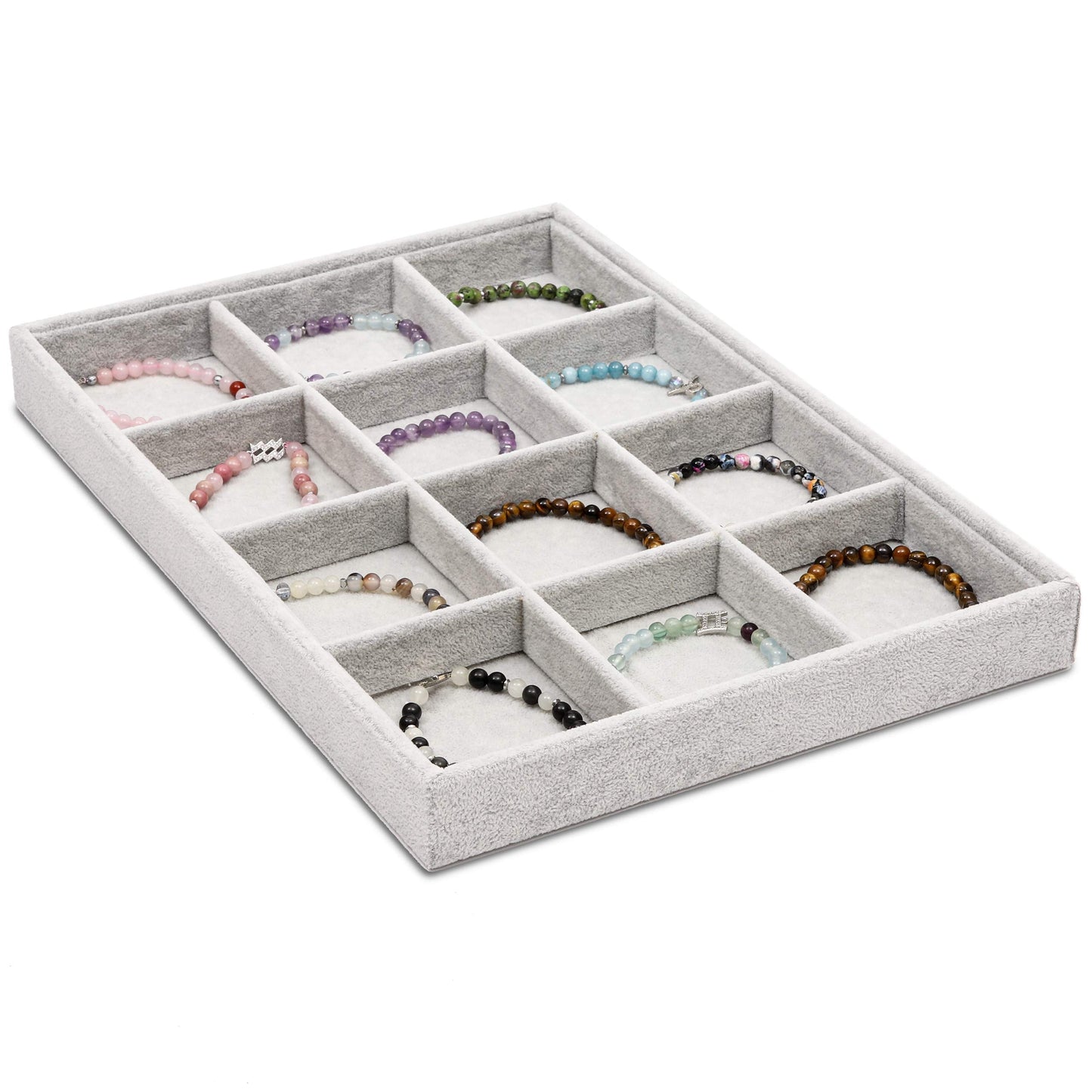 Juvale Velvet Stackable Jewelry Organizer Tray - 12-Grid Bracelet Holder & Ring Organizer - Velvet Jewelry Tray with Soft Compartments - Bracelet Holder Drawer Fits Standard Drawers - 14 x 9.5 In Gray