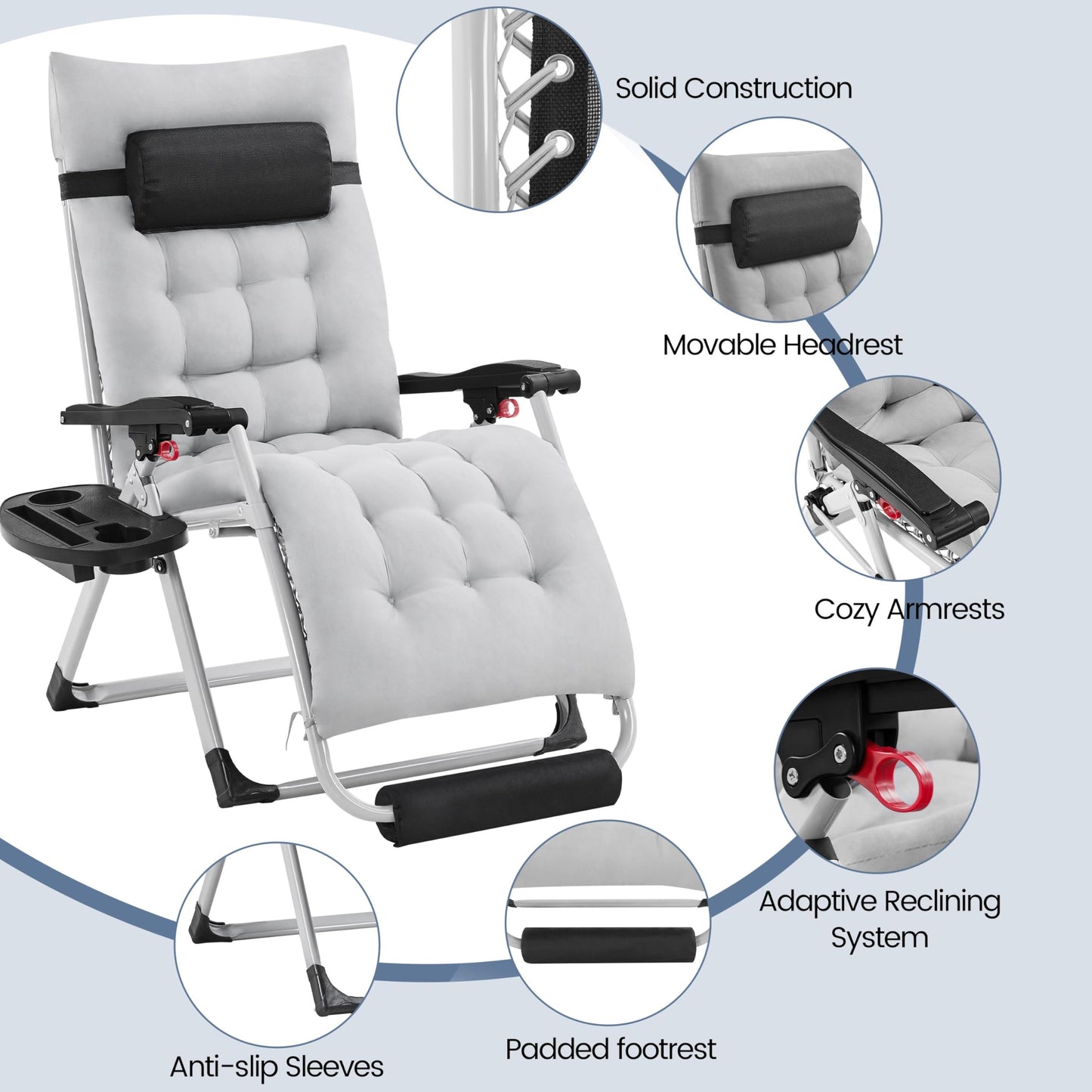 Yaheetech Zero Gravity Chair, Folding Reclining Lounge Recliner with Removable Pad & Headrest & Side Cup Holder Tray for Indoor and Outdoor Gray/1