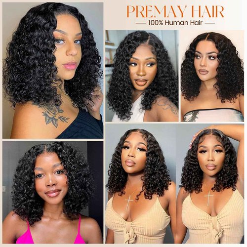 PREMAY Deep Wave 13x4 HD Lace Front Wigs Human Hair 200% Density Bob Wig Human Hair Pre Plucked Short Bob Wigs for Black Women Deep Curly HD Lace Frontal Wigs Natural Color 16 Inch