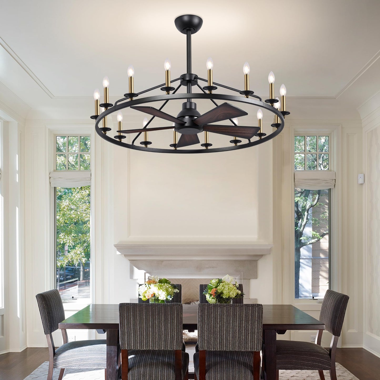 44" Wagon Wheel Chandelier with Fans, Black and Gold Wagon Wheel Ceiling Fan with 16-Light and Remote, Farmhouse Chandelier for Living Room, Adjustable Height, 6-Speed Reversible Quiet Large Fandelier